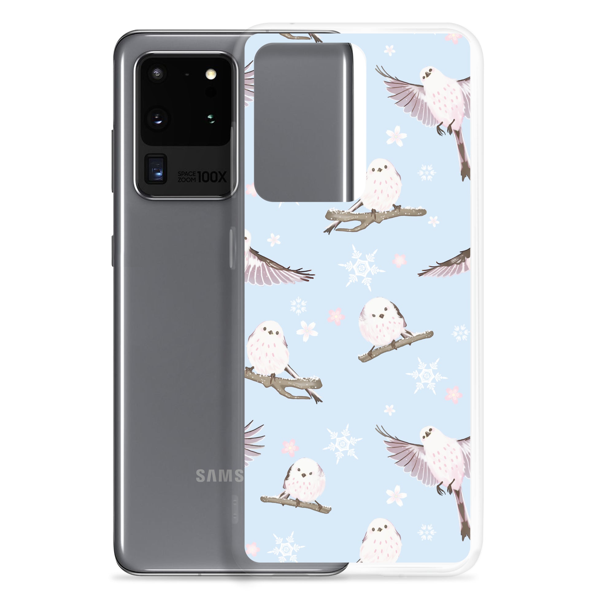 Sleek Snow Bird Samsung® Clear Case featuring cute pastel birds, perfect for winter outings and gatherings.