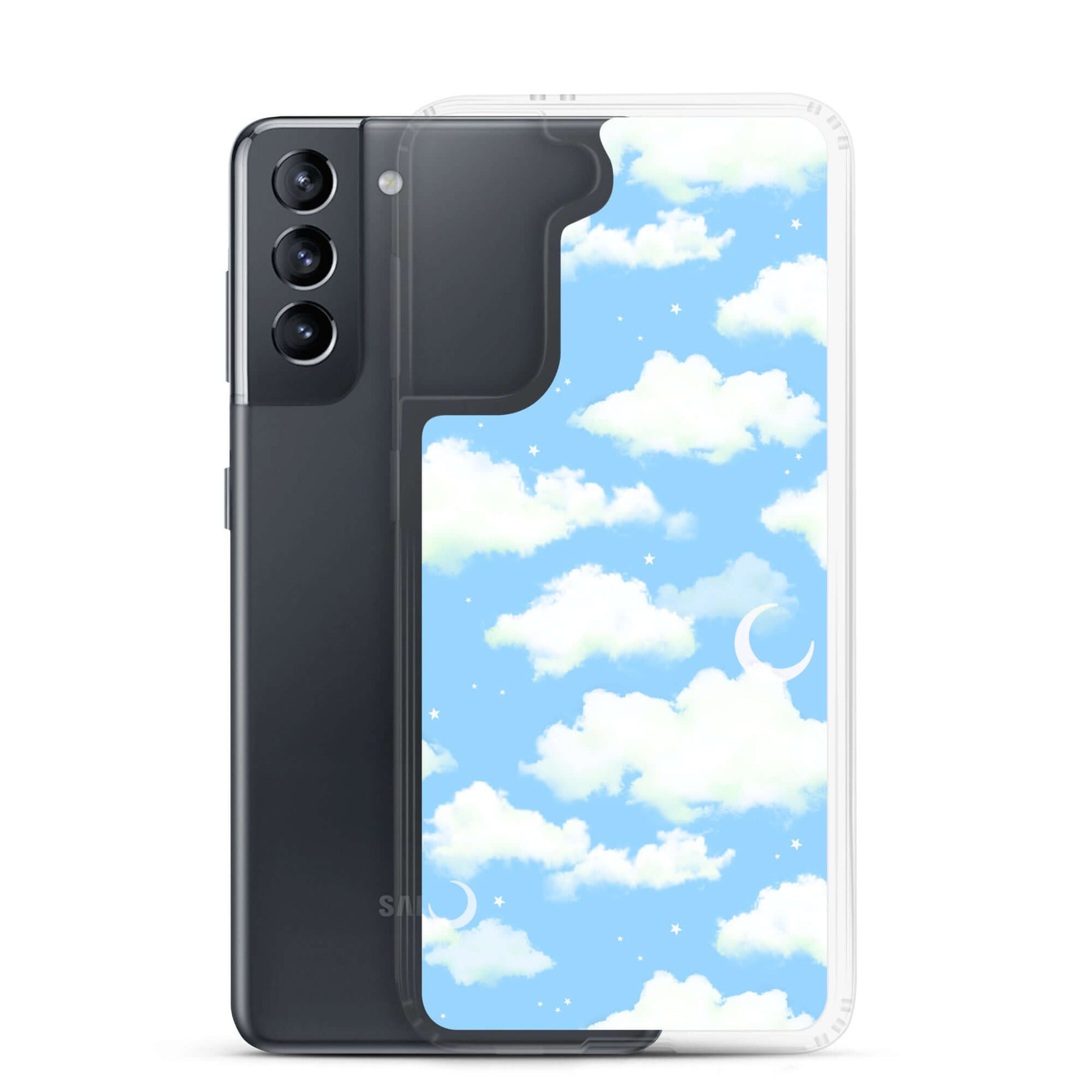 Cloudy Sky Samsung® Clear Case showcases a dreamy blue cloud design, perfect for a stylish phone protection.