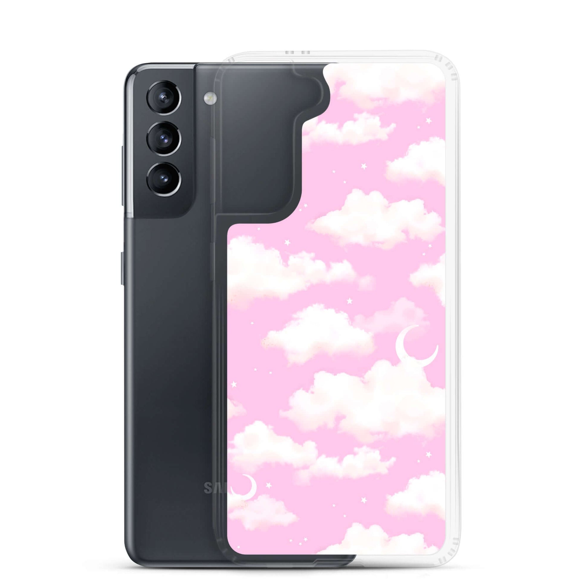 Sleek Cloudy Sky Samsung® Clear Case features a dreamy pink cloud design, protecting your phone with style.