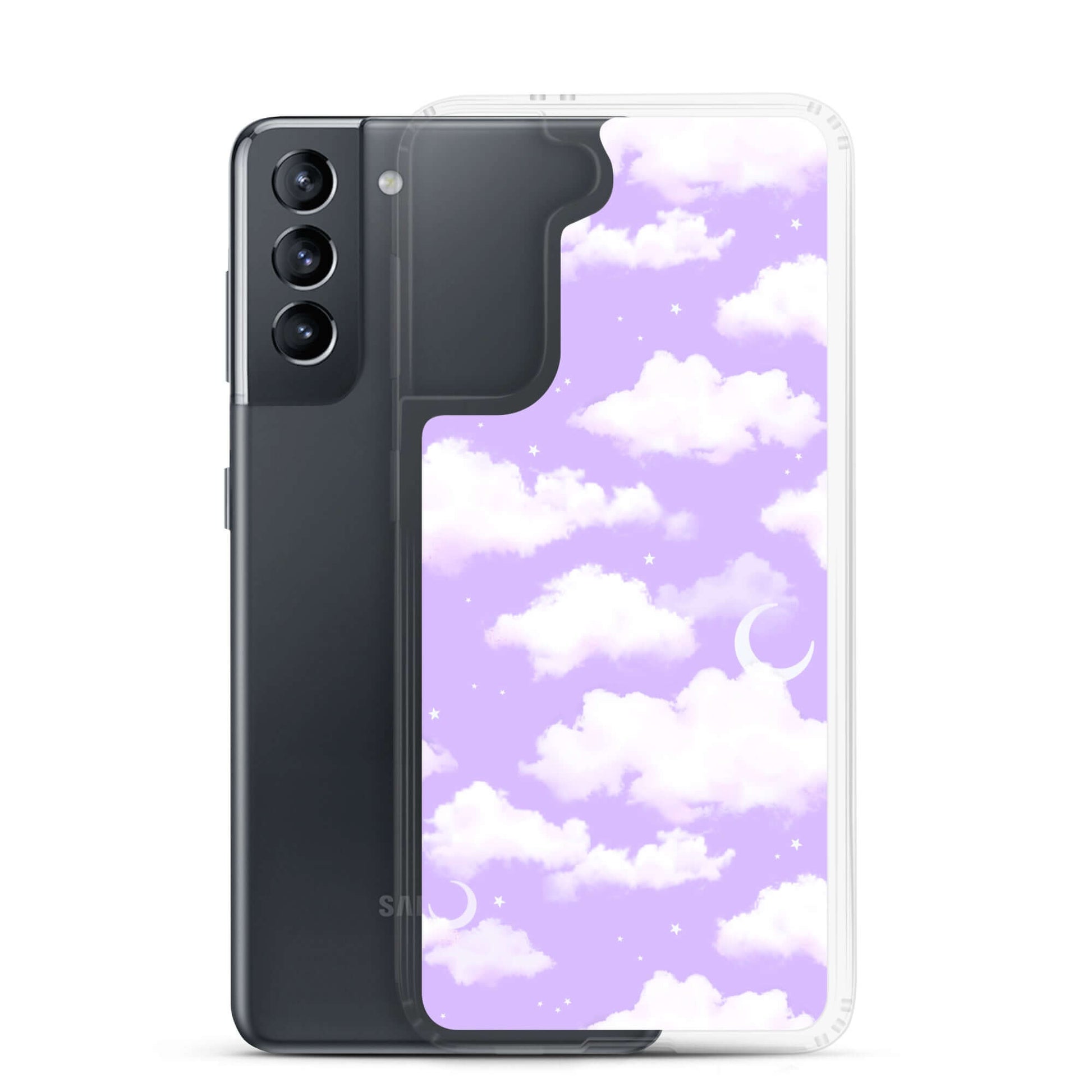 Cloudy Sky Samsung® Clear Case features a dreamy purple cloud design, perfect for stylish phone protection.