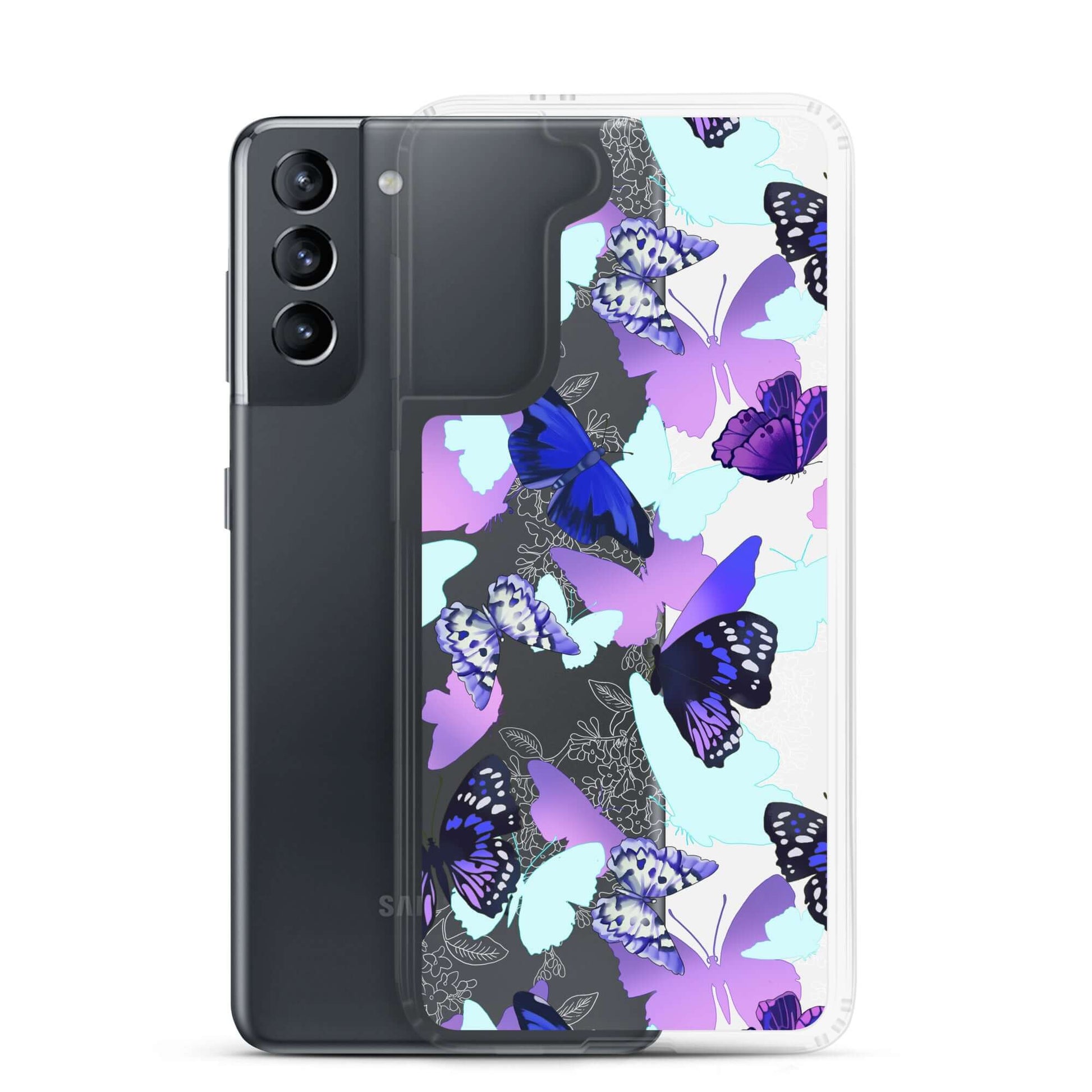 Butterfly Samsung® Clear Case featuring vibrant butterfly designs, perfect for protecting your Samsung Galaxy S21.