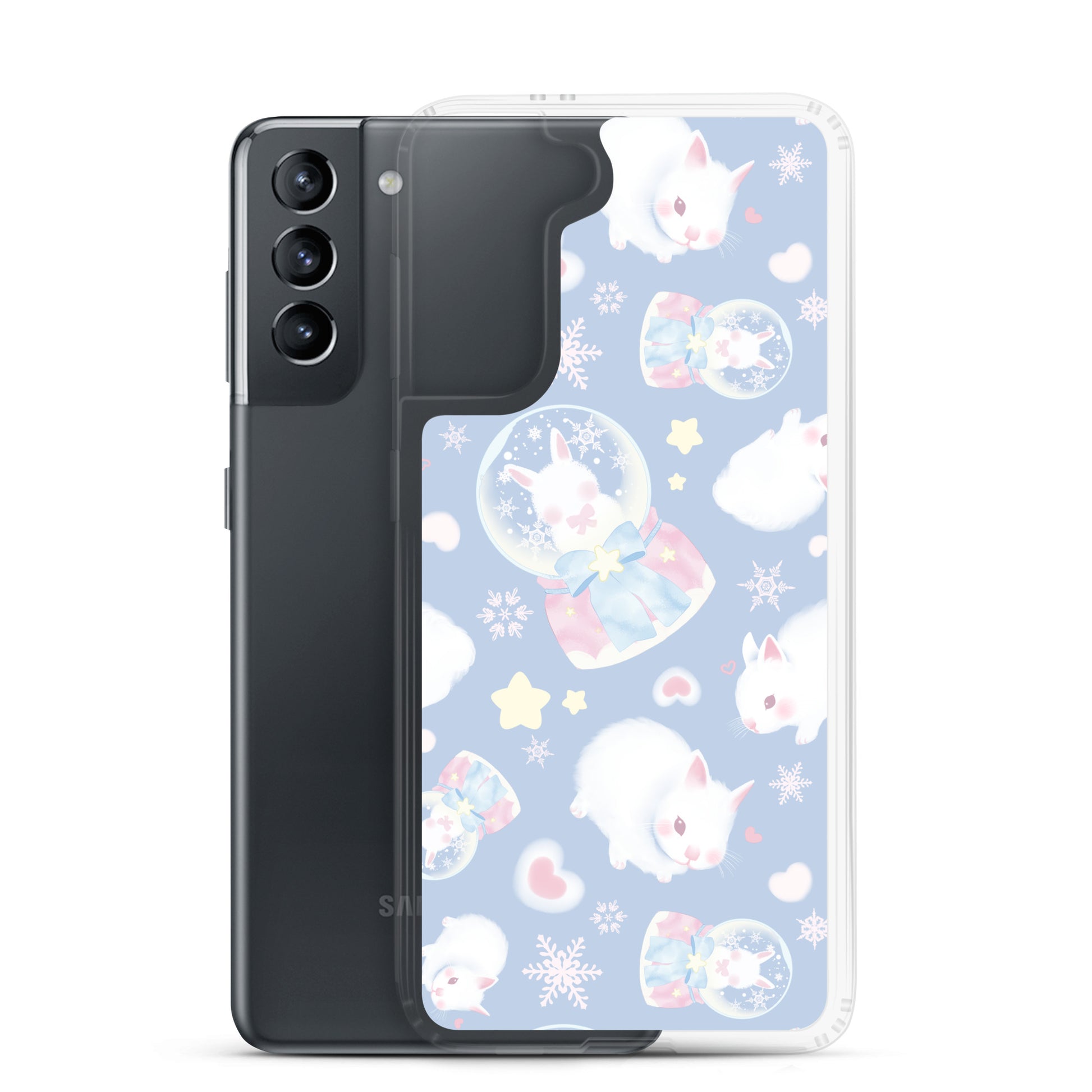 Snow Bunny Samsung® Clear Case featuring adorable bunnies on a pastel background, perfect for stylish protection.