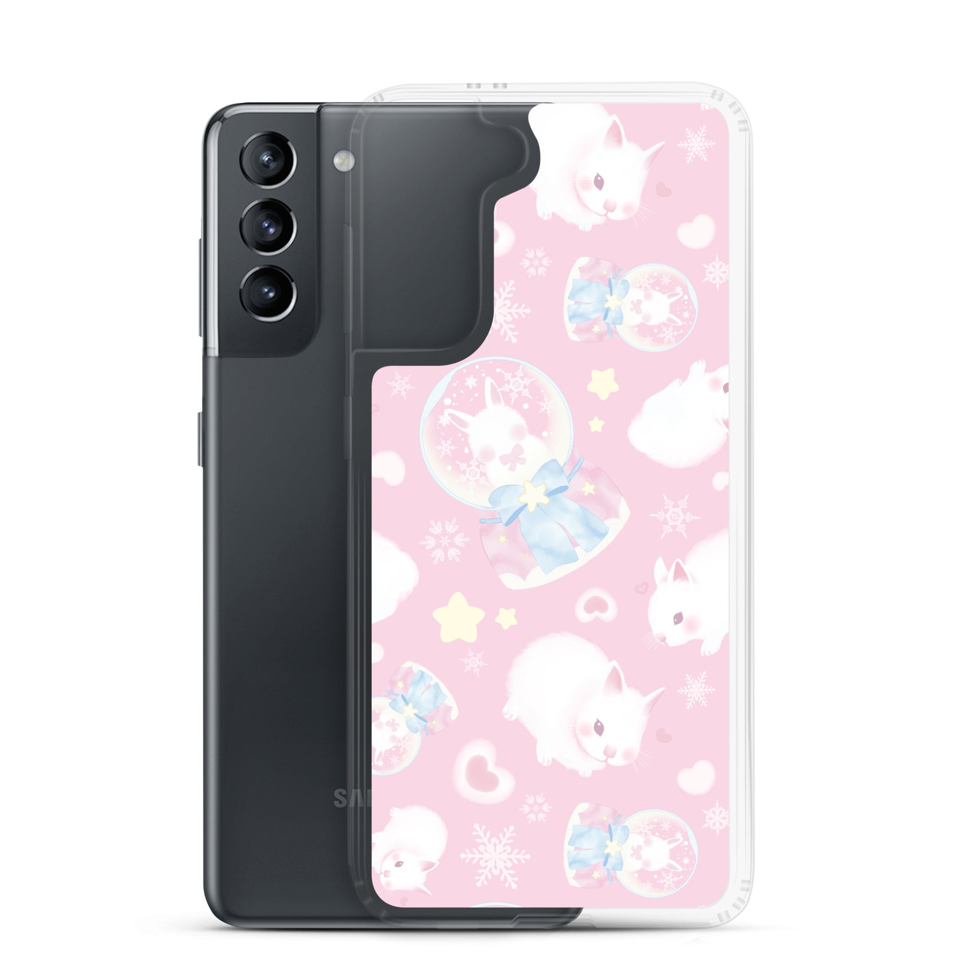 Sleek Snow Bunny Samsung® Clear Case features cute bunnies on a pastel pink background, perfect for stylish protection.