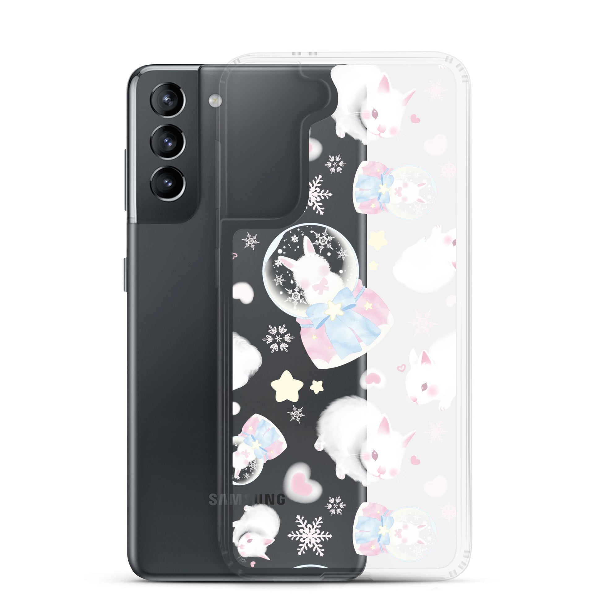Stylish Snow Bunny Samsung® Clear Case featuring adorable bunnies and pastel colors, perfect for your Galaxy S21.