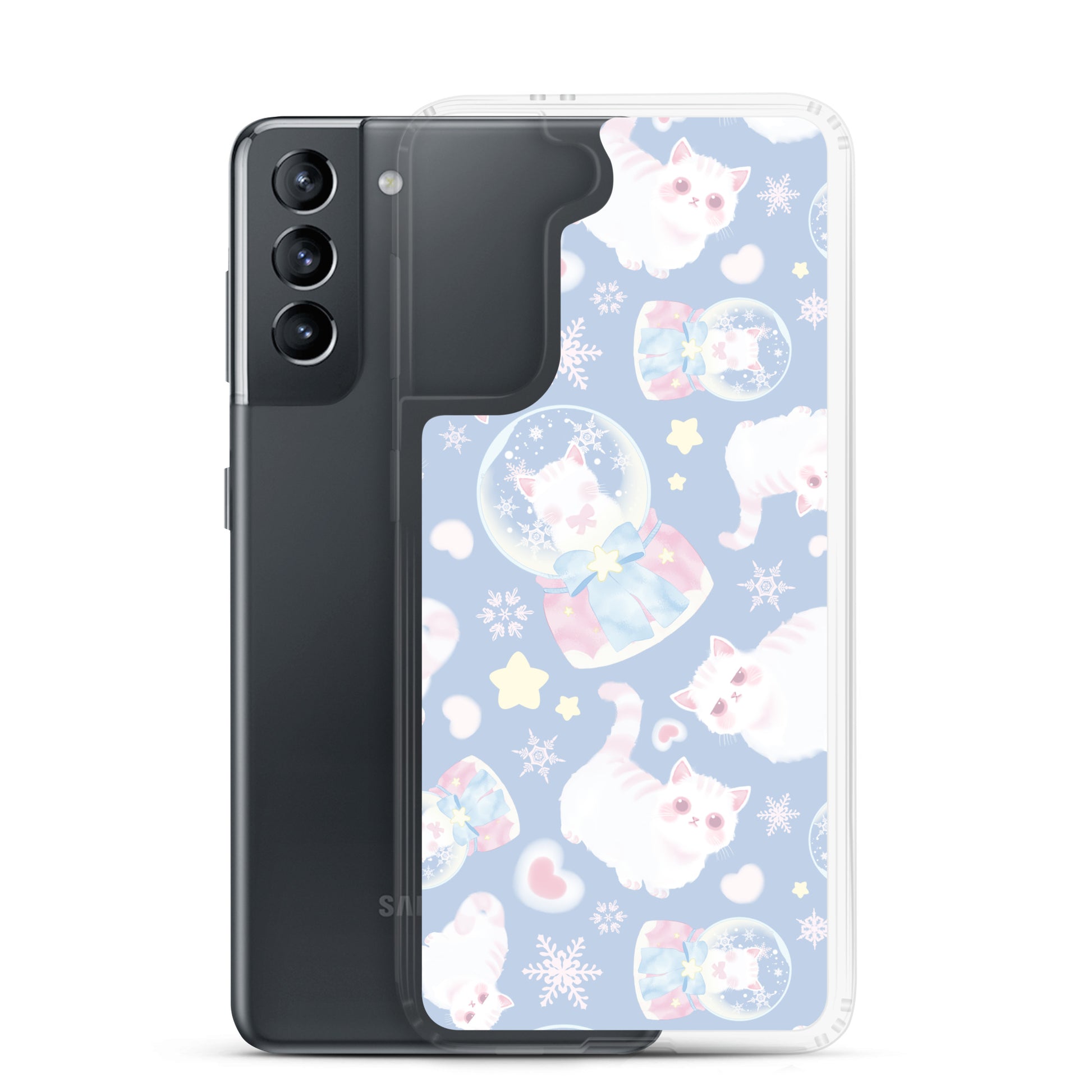 Protect your phone in style with the Snow Kitten Samsung® Clear Case, featuring adorable kittens and pastel colors.