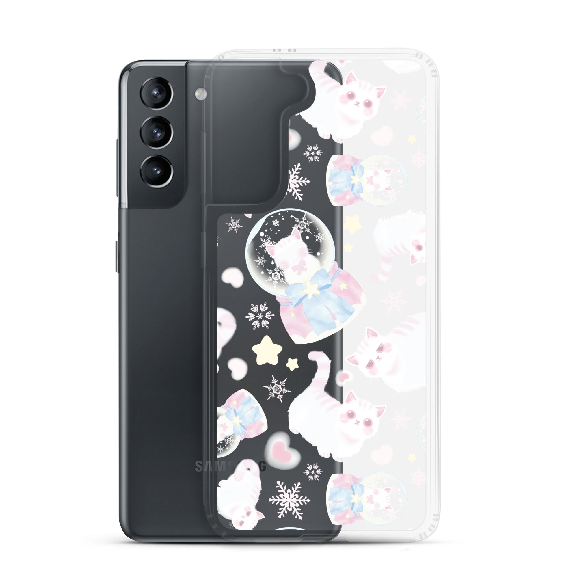 Snow Kitten Samsung® Clear Case features adorable kittens and pastel designs, perfect for feminine style and protection.
