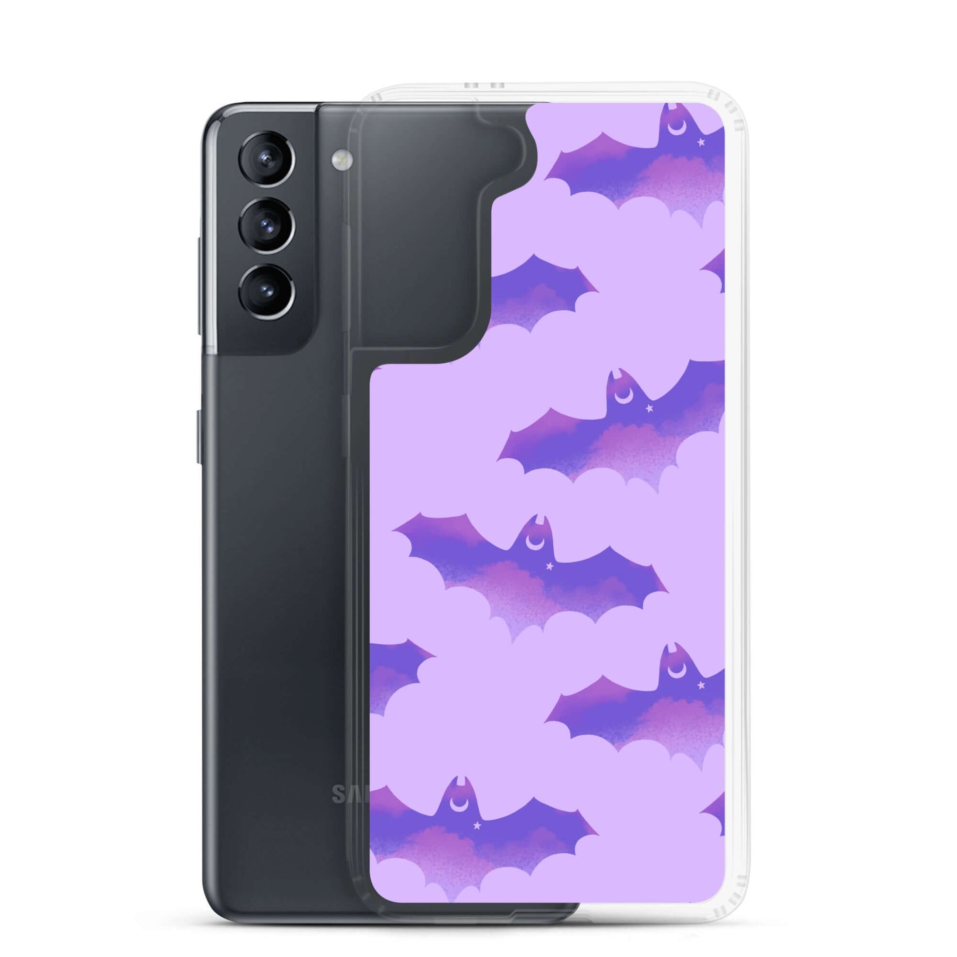 Stylish Morrigan Samsung® Clear Case featuring playful bats, perfect for protecting your Galaxy S21 in any weather.