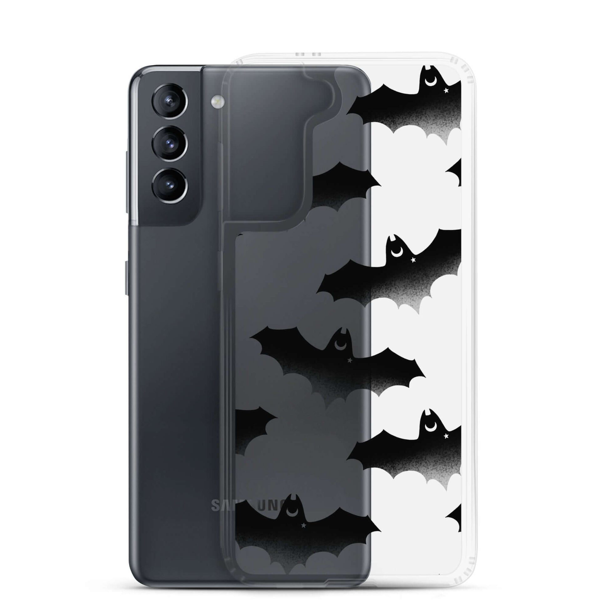 Sleek Lilith Samsung® Clear Case featuring playful bats, perfect for protection and style on your Galaxy S21.