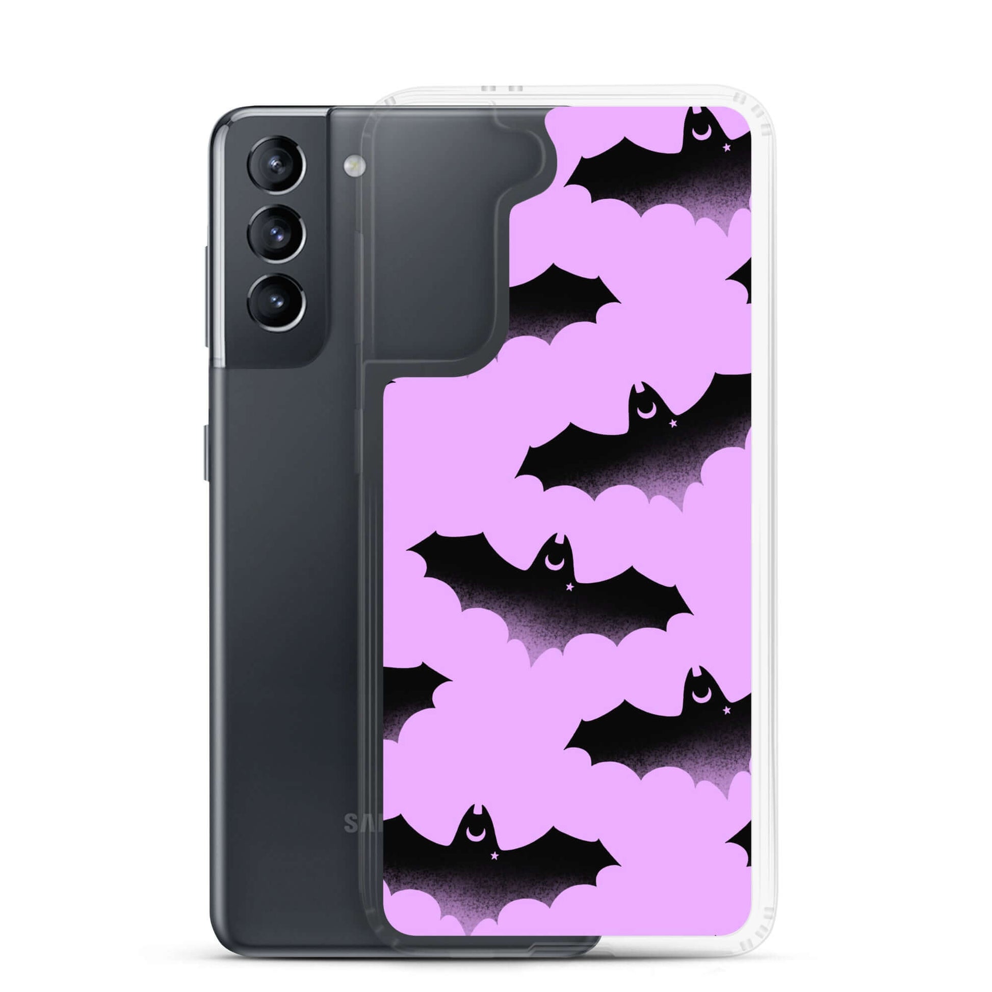 Stylish Aensland Samsung® Clear Case featuring bats on a pink background, perfect for protection and flair.