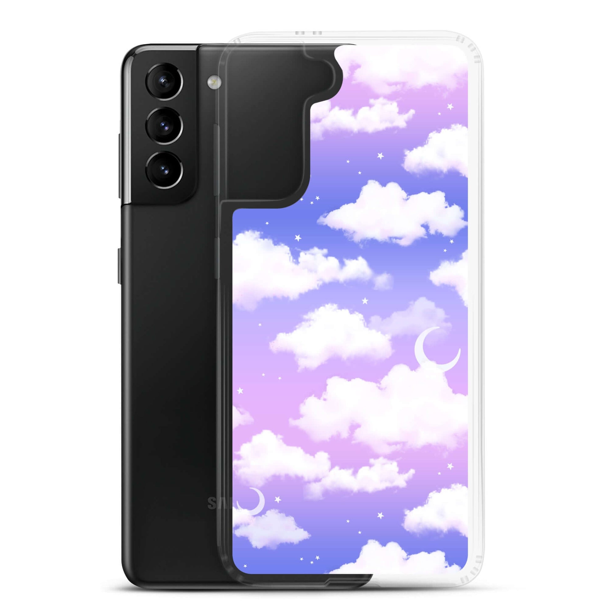 Sleek Cloudy Sky Samsung® Clear Case showcases dreamy purple gradient clouds, protecting your phone with style.