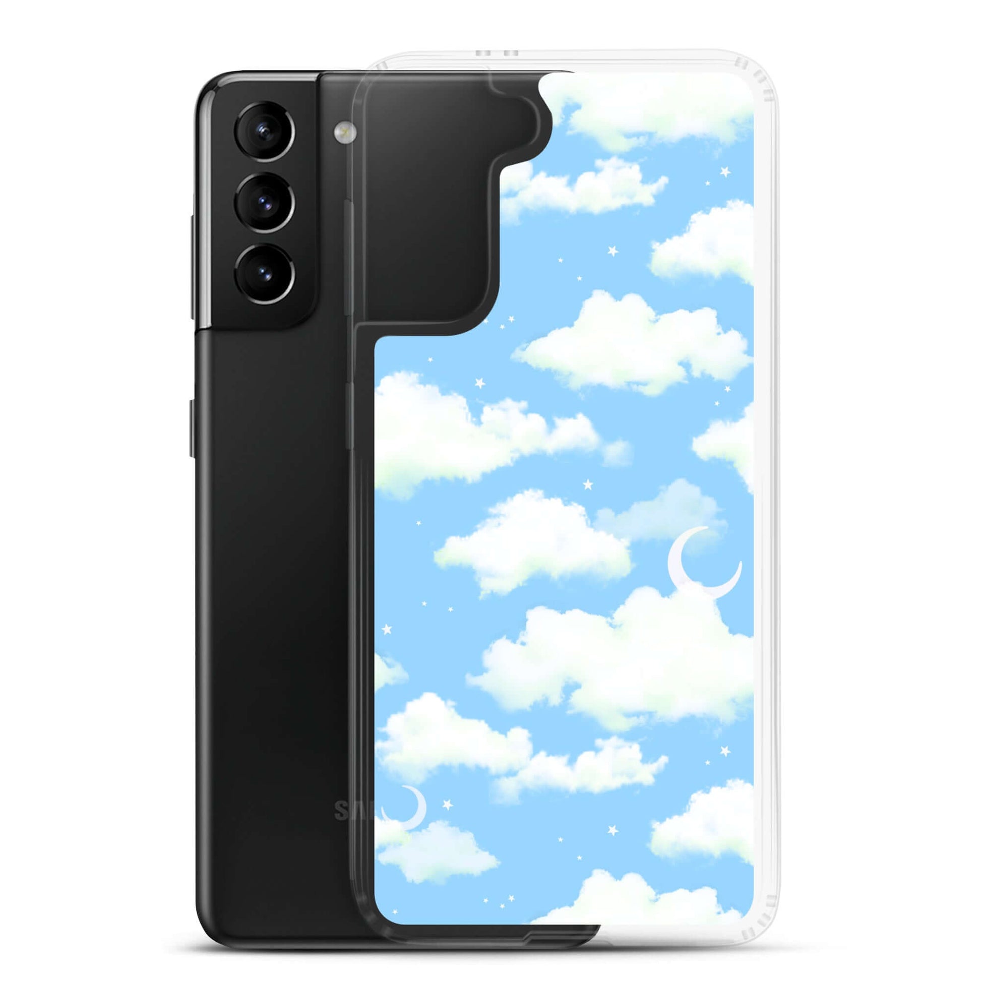 Stylish Cloudy Sky Samsung® Clear Case featuring a dreamy blue cloud design, protecting your phone in style.