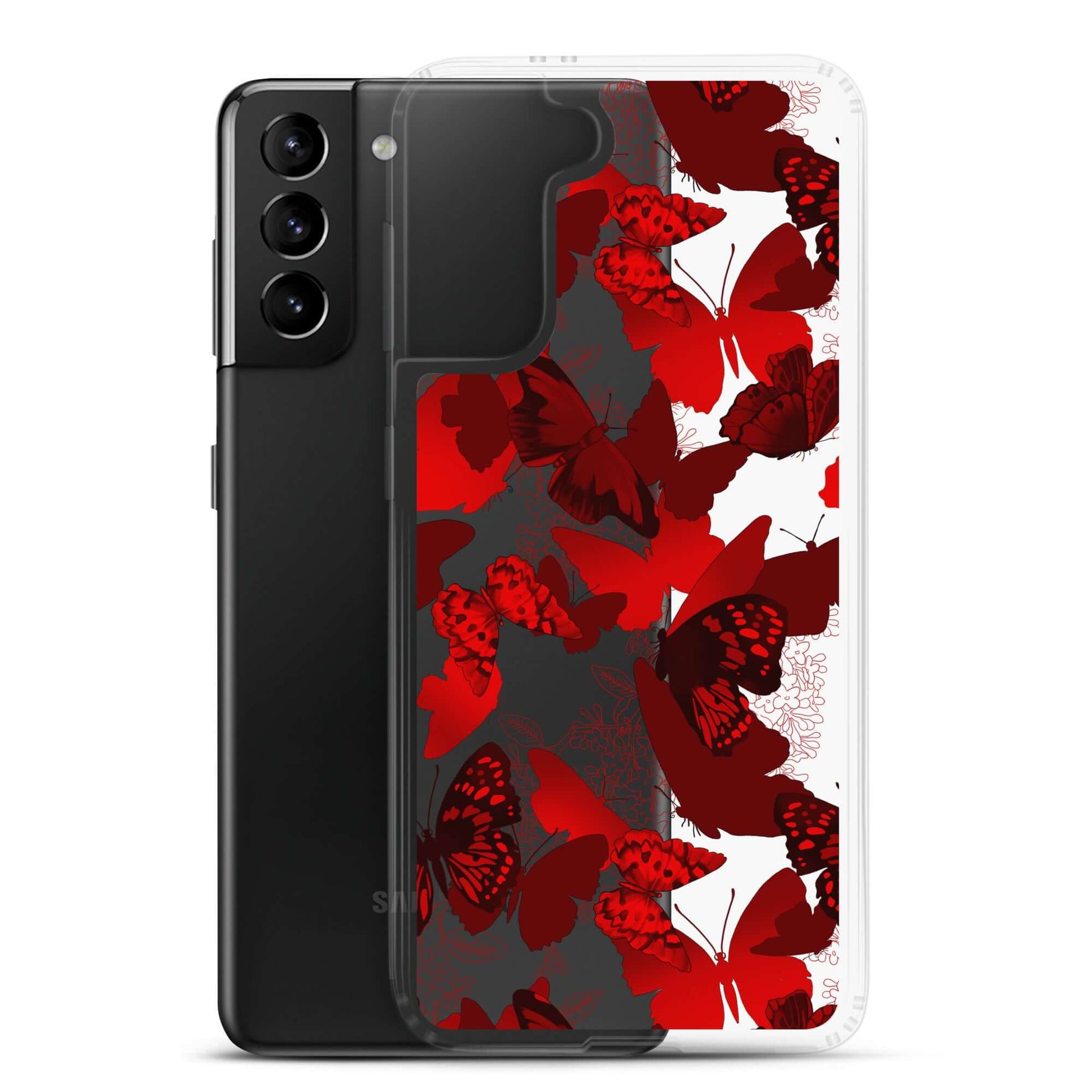 Sleek Butterfly Samsung® Clear Case featuring vibrant red butterfly print, perfect for protecting your phone in style.