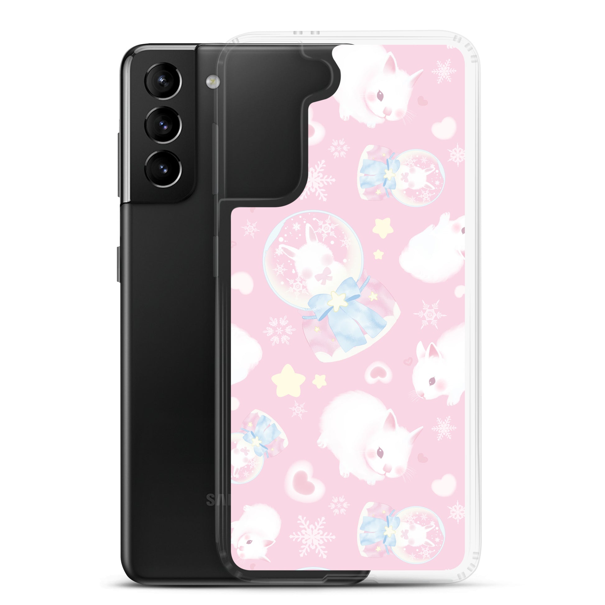 Snow Bunny Samsung® Clear Case features adorable bunnies on a pastel pink background, perfect for stylish protection.