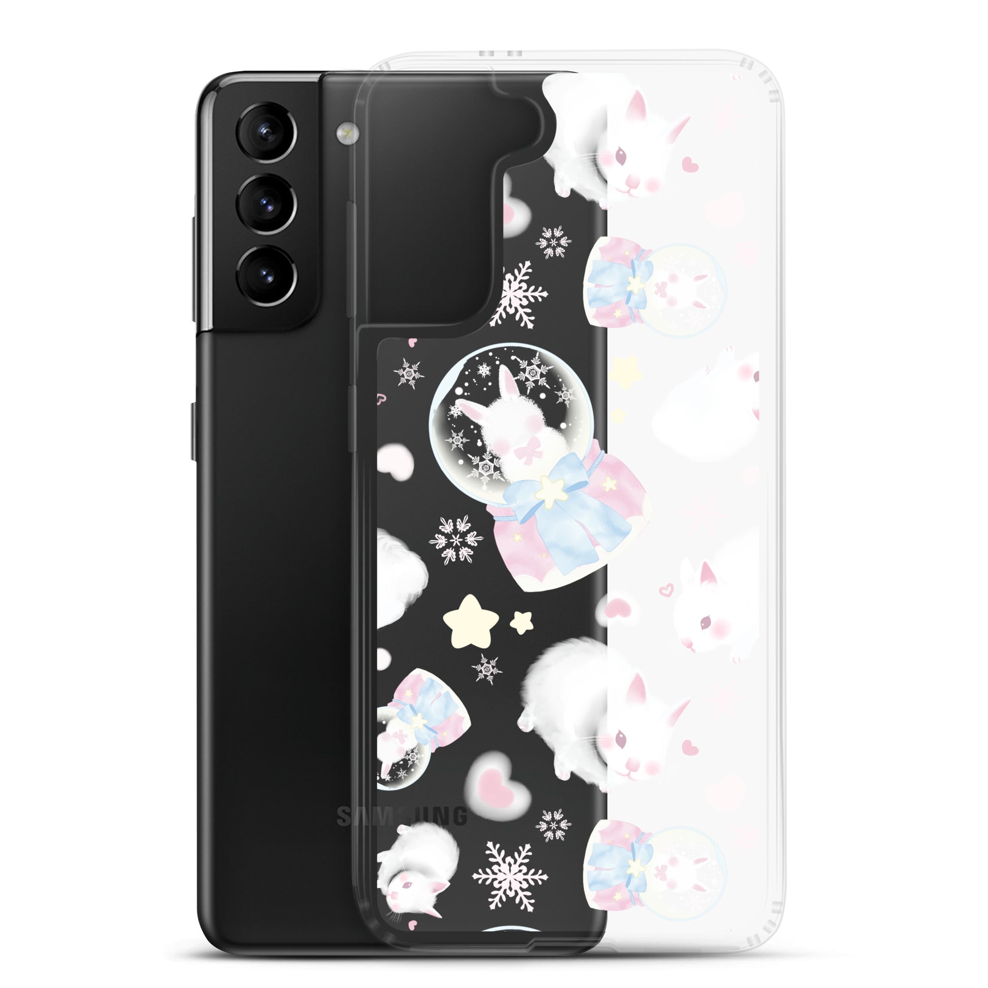 Sleek Snow Bunny Samsung® Clear Case featuring cute bunnies and pastel colors, perfect for any stylish outfit.