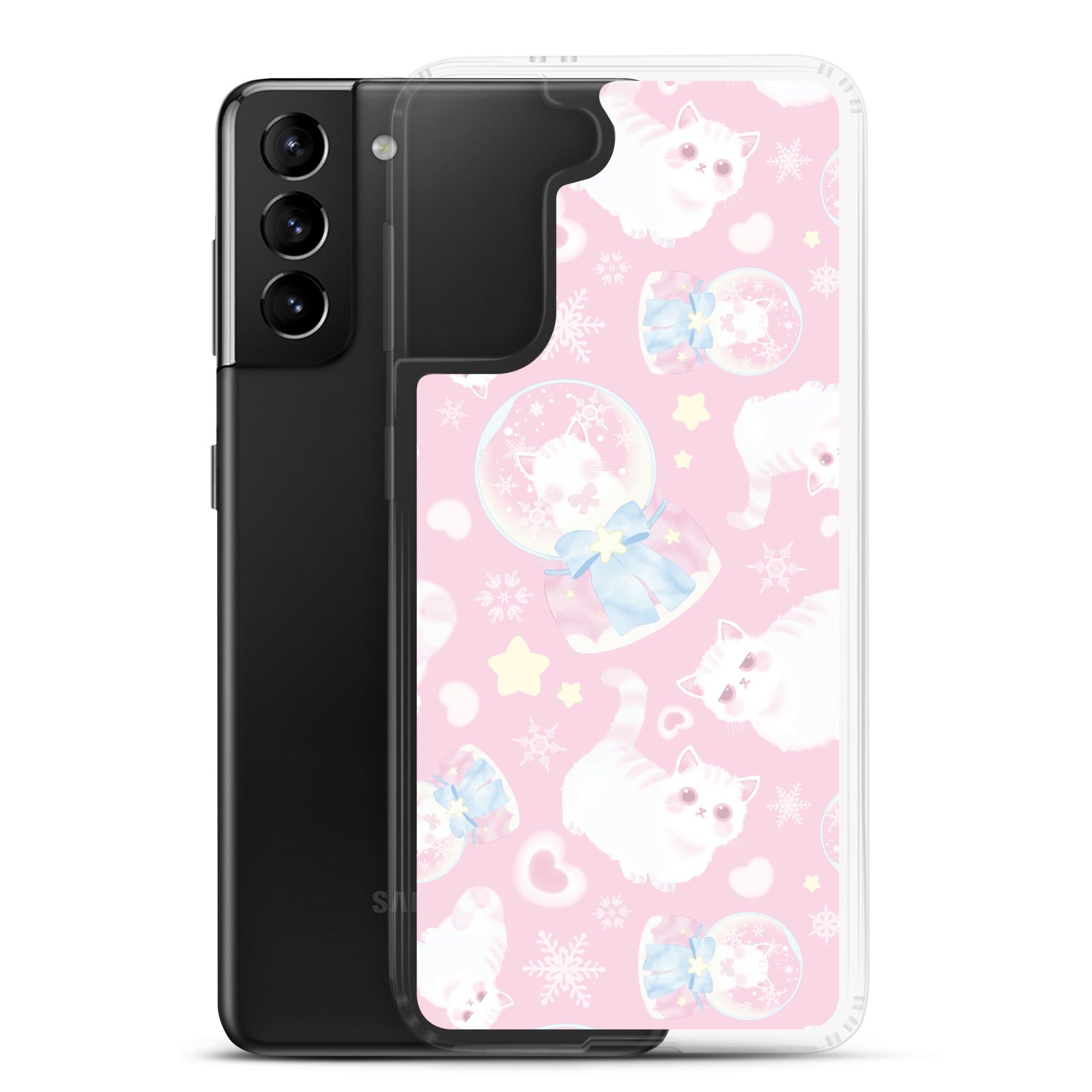 Snow Kitten Samsung® Clear Case featuring cute kittens on a pastel pink background, perfect for a stylish look.