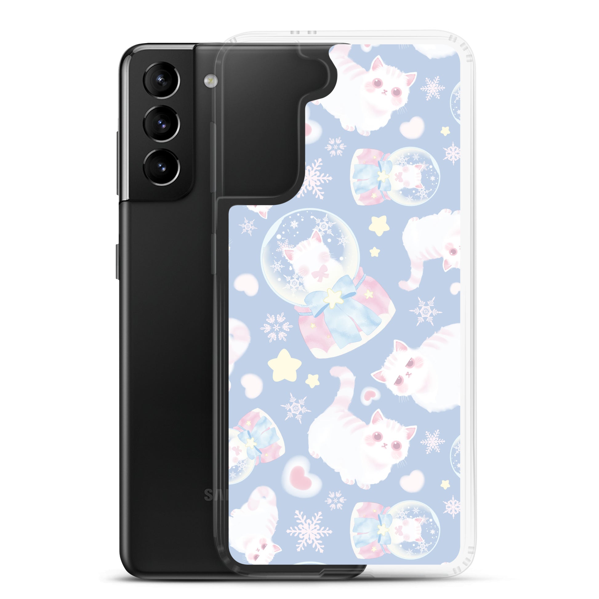 Cute Snow Kitten Samsung® Clear Case featuring playful kittens and pastel colors, perfect for any style.