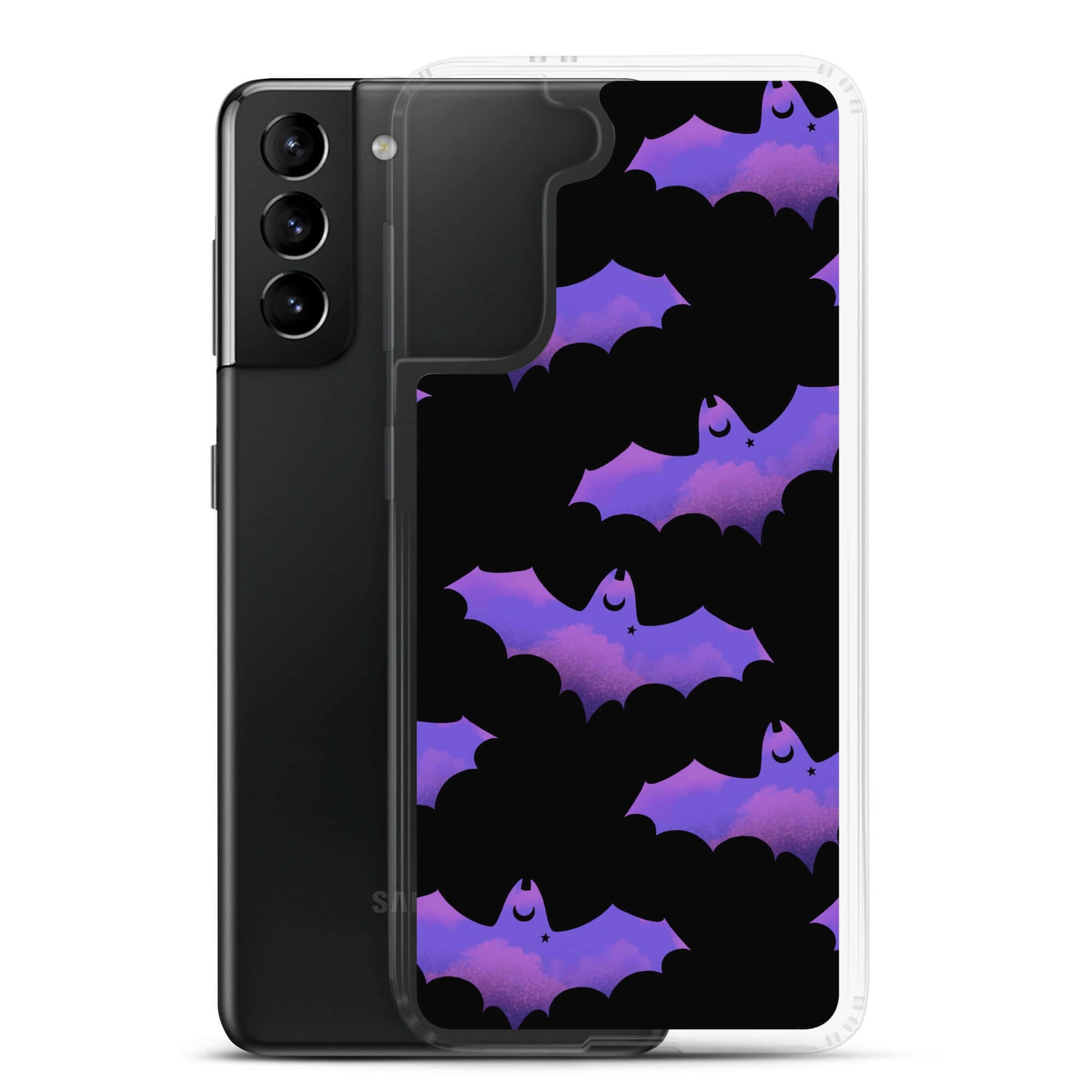 Morrigan Samsung® Clear Case featuring colorful bats, providing stylish protection for your Galaxy S21 Plus.