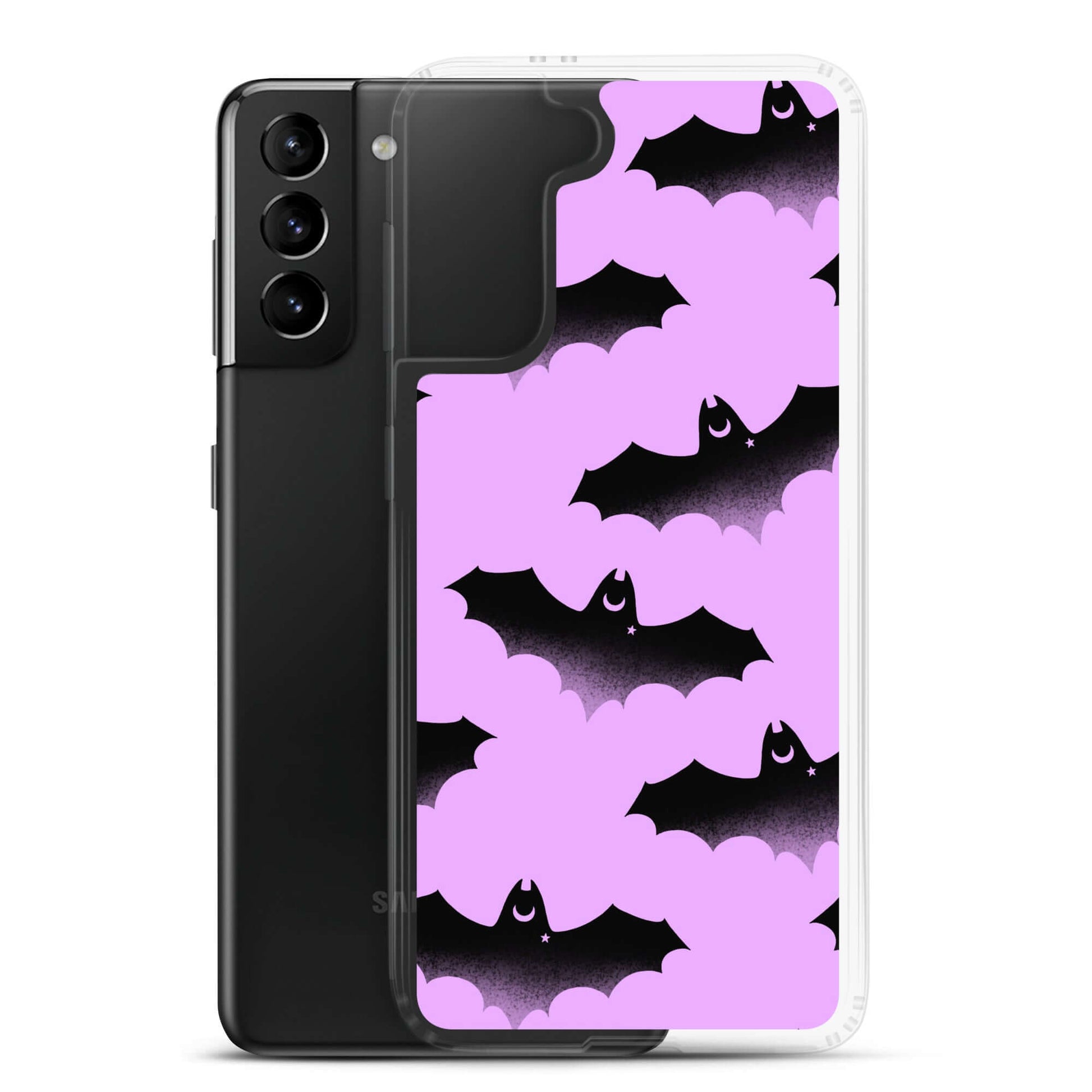 Stylish Aensland Samsung® Clear Case featuring playful bats on a pink background, perfect for protecting your Galaxy S21.