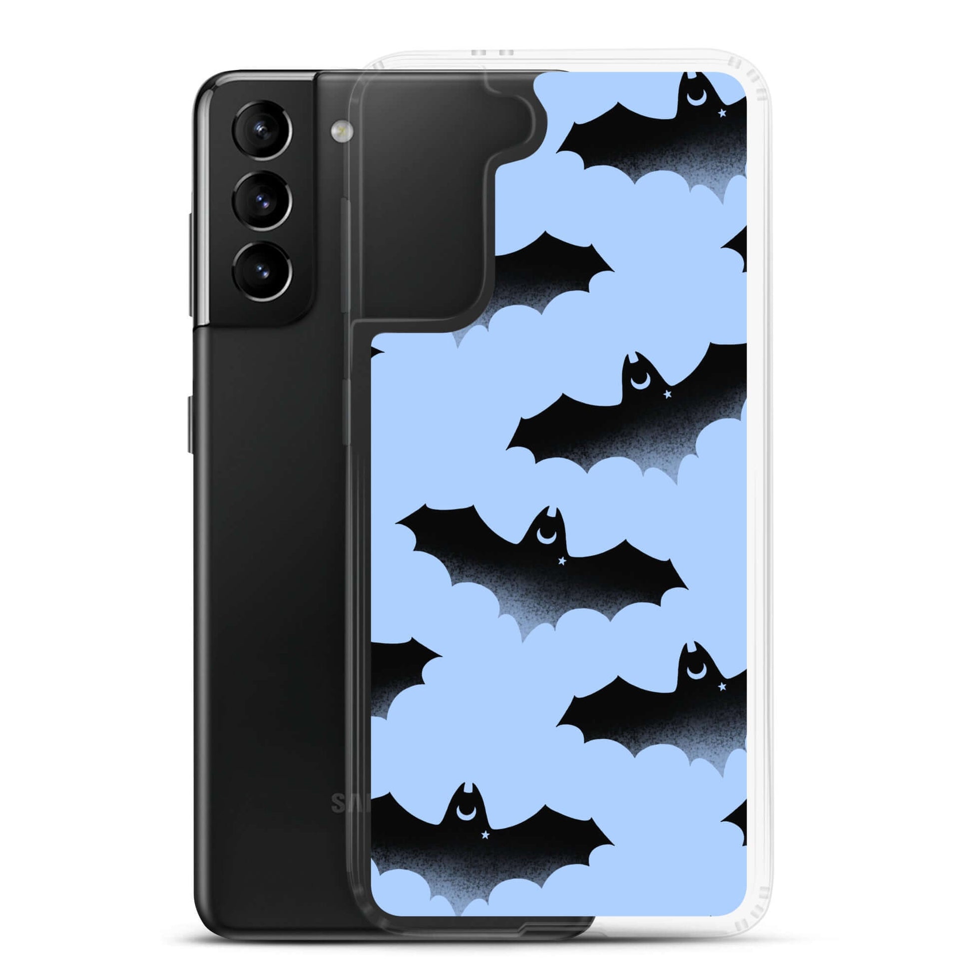 Lilith Samsung® Clear Case showcases playful bats on a blue background, perfect for stylish phone protection.