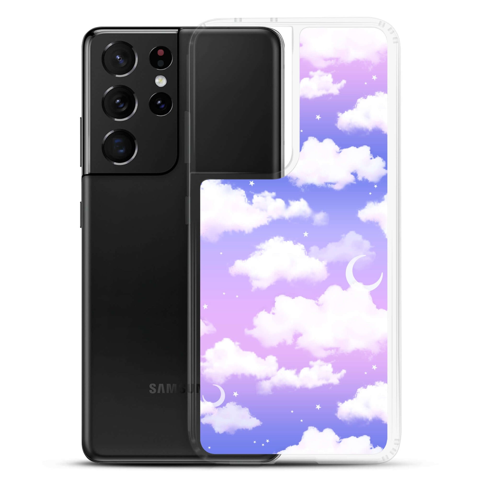 Sleek Cloudy Sky Samsung® Clear Case showcases a dreamy purple design, protecting your phone with style and elegance.
