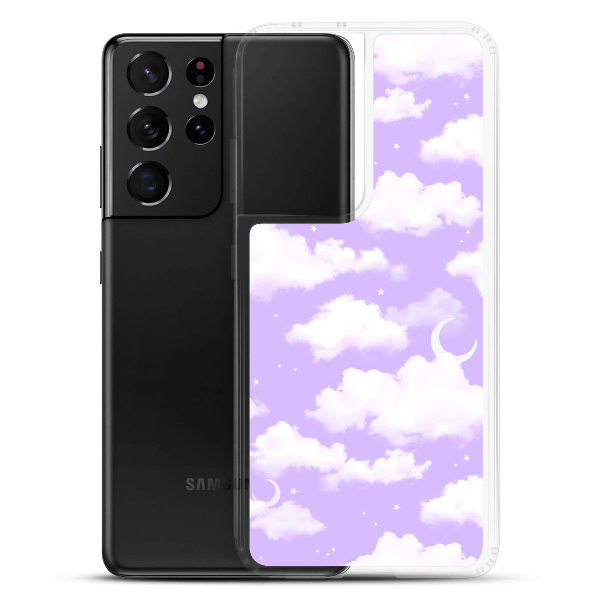 Dreamy purple Cloudy Sky Samsung® Clear Case showcases a sleek design, protecting your phone while looking stylish.