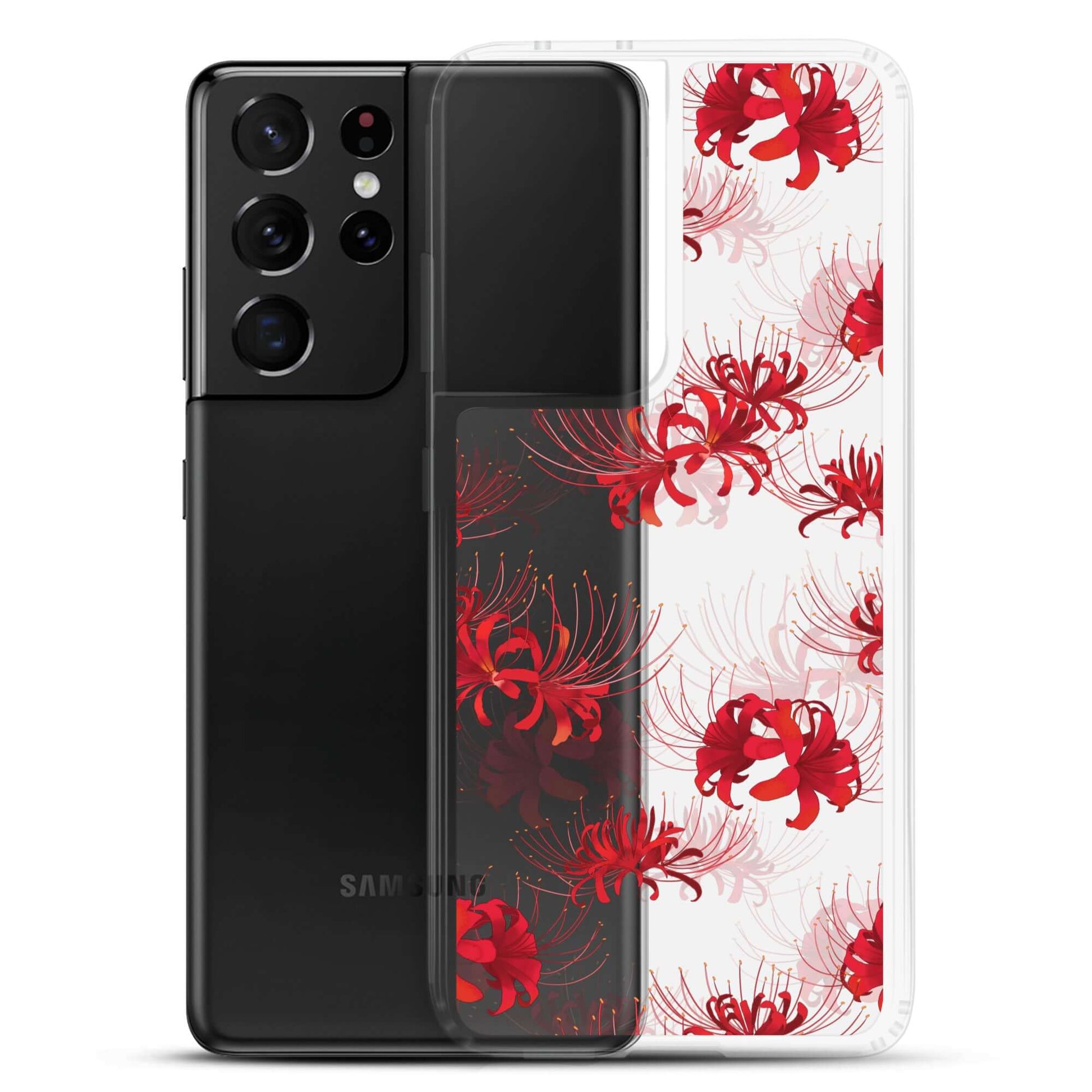Sleek Higanbana Samsung® Clear Case showcasing a vibrant floral design, perfect for stylish phone protection.