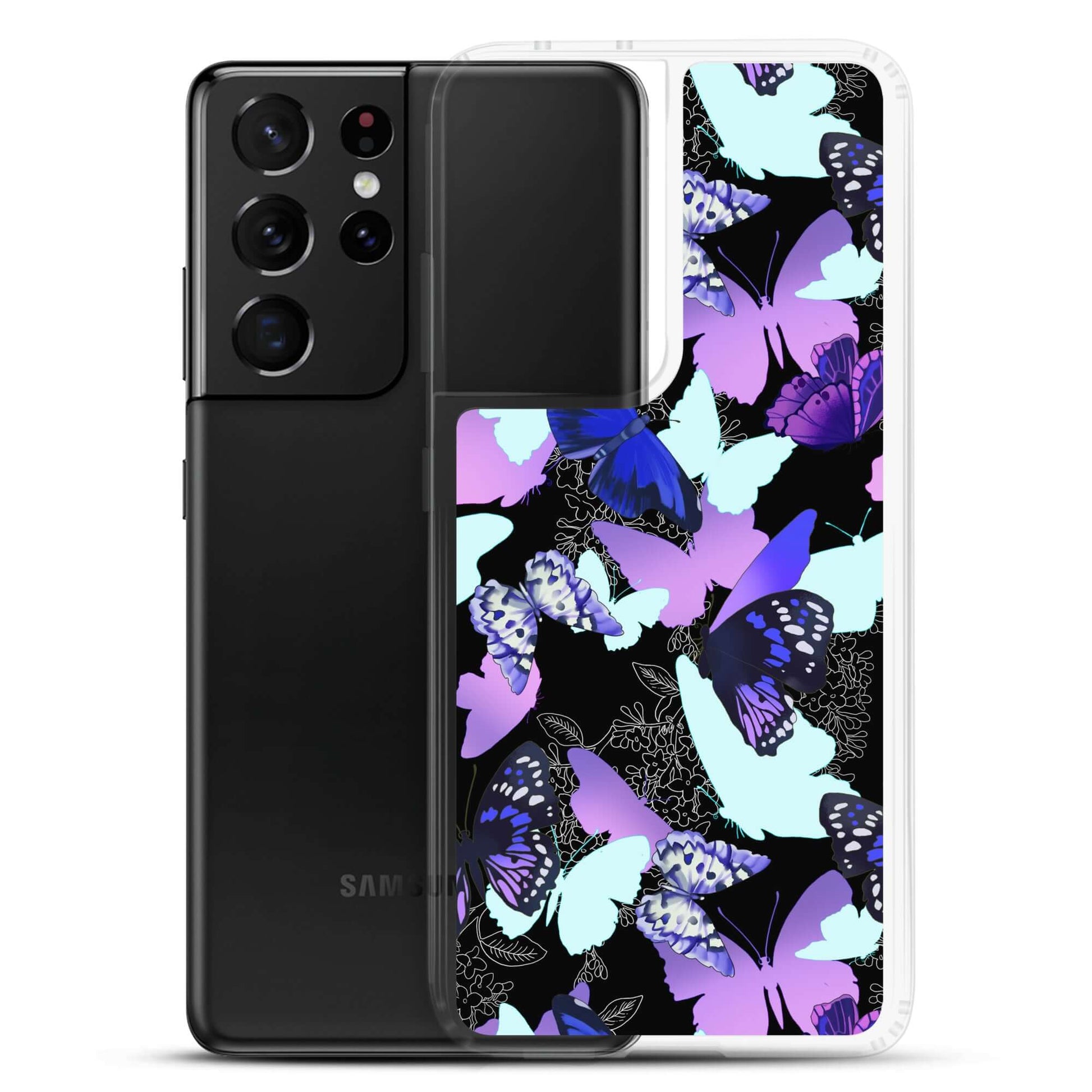 Colorful Butterfly Samsung® Clear Case showcasing vibrant butterfly prints, perfect for stylish phone protection.