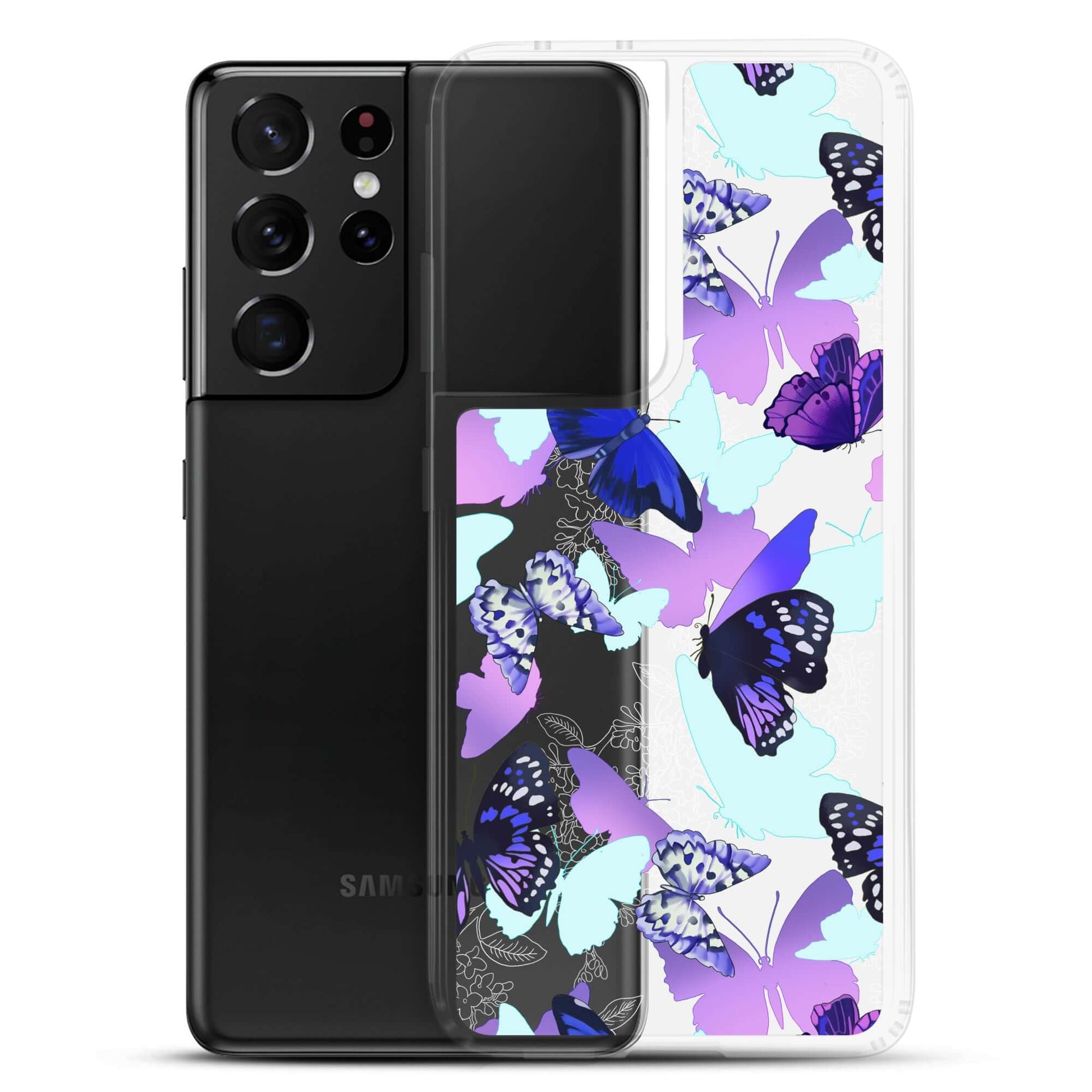 Colorful Butterfly Samsung® Clear Case featuring vibrant butterfly prints, perfect for protecting your Galaxy S21.