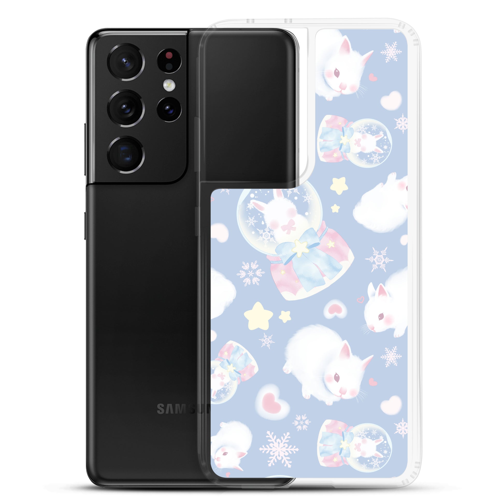 Sleek Snow Bunny Samsung® Clear Case features adorable bunnies, perfect for a pastel outfit or everyday style.