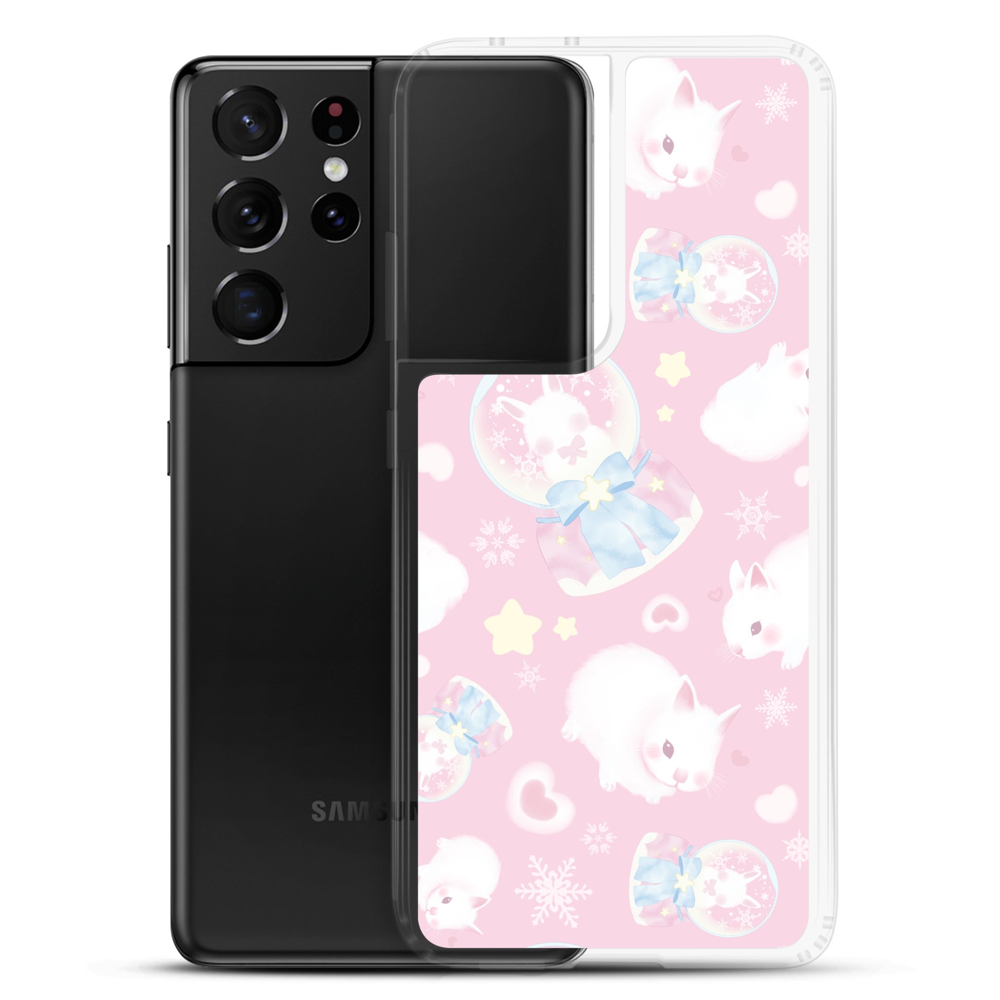 Colorful Snow Bunny Samsung® Clear Case features cute bunnies on pink, perfect for adding charm to your phone.