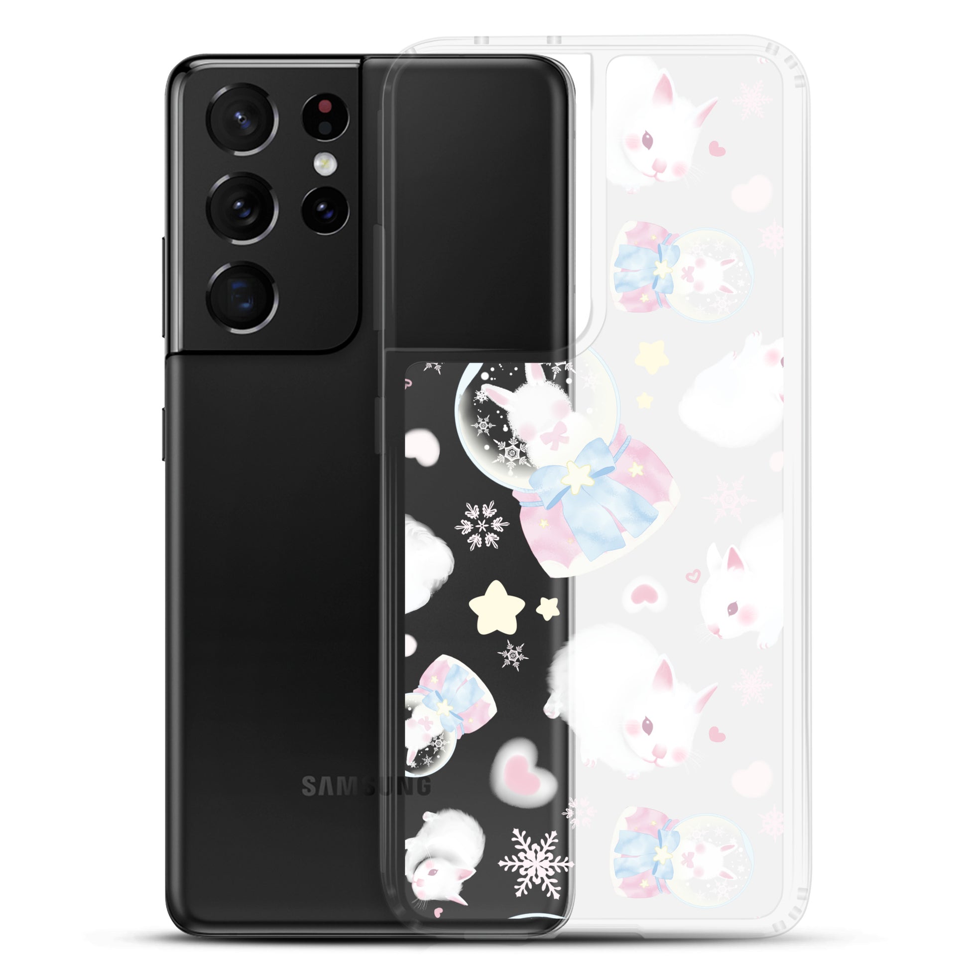 Cute Snow Bunny Samsung® Clear Case features adorable bunnies, perfect for stylish pastel outfits and phone protection.