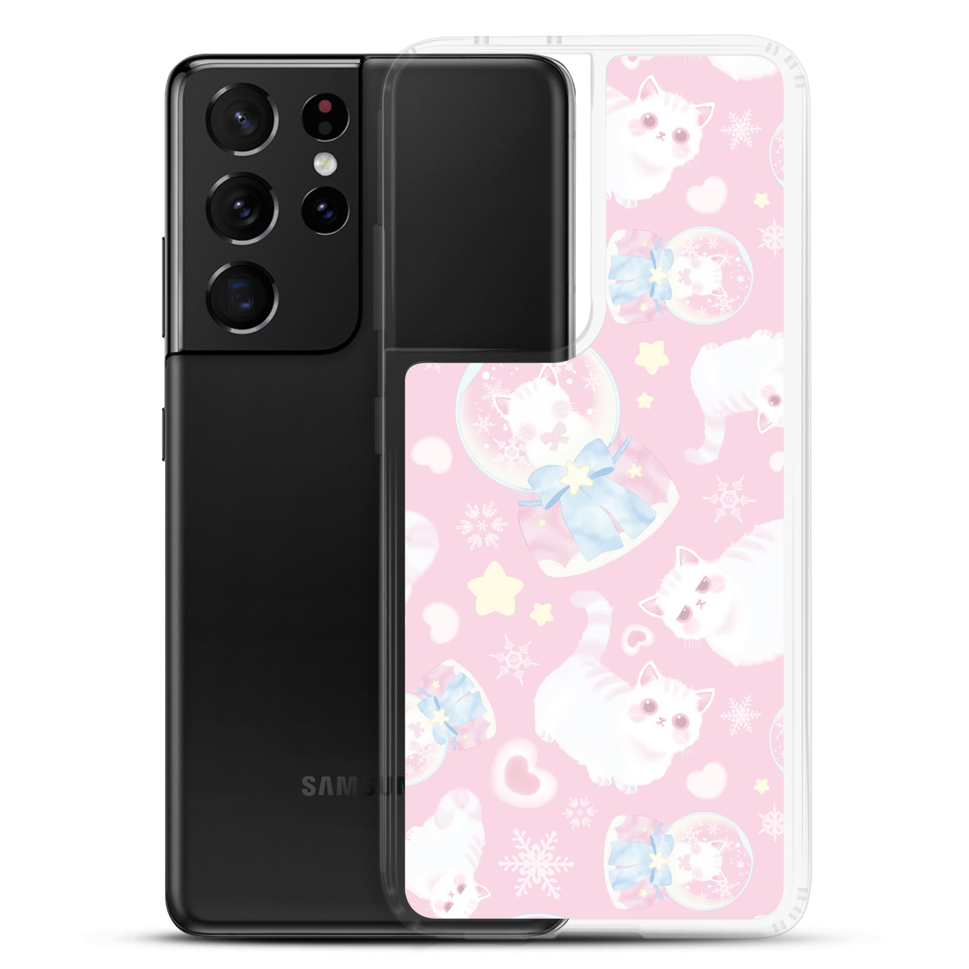 Snow Kitten Samsung® Clear Case features adorable kittens on a pastel pink background, perfect for stylish protection.