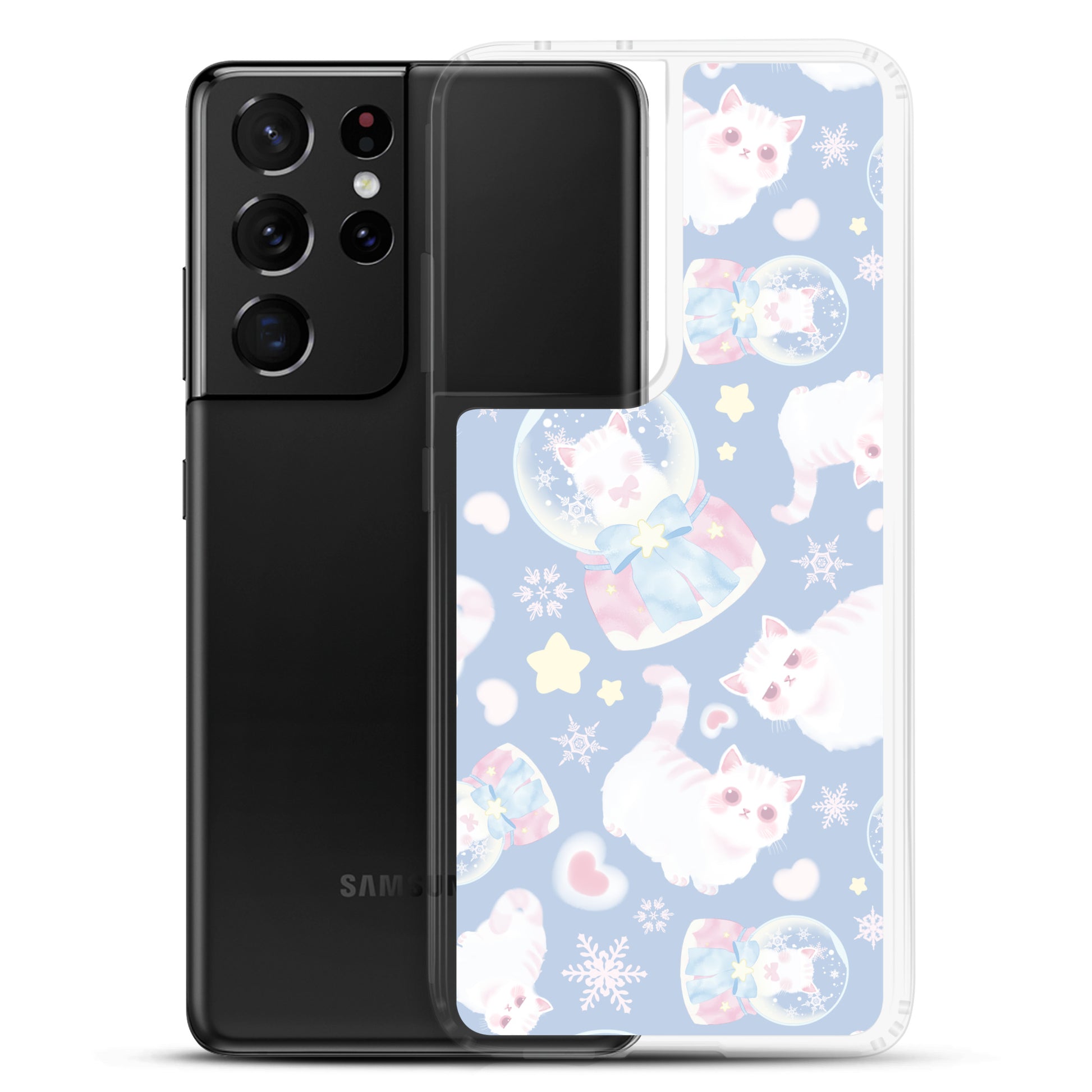 Cute Snow Kitten Samsung® Clear Case showcases playful kittens on a pastel background, perfect for style and protection.