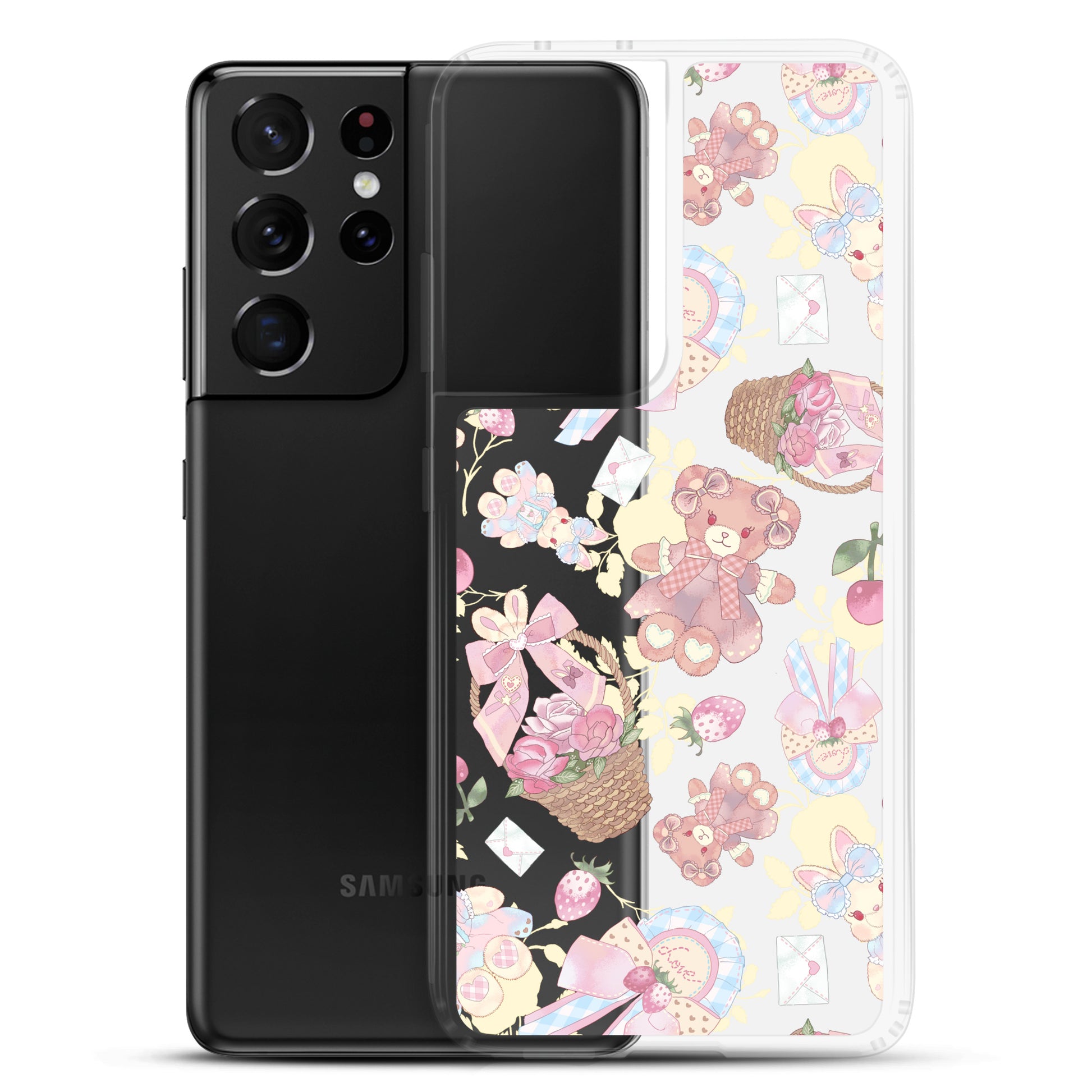 Showcasing the Sweet Teddy Samsung® Clear Case with vibrant designs, perfect for protecting your phone stylishly.