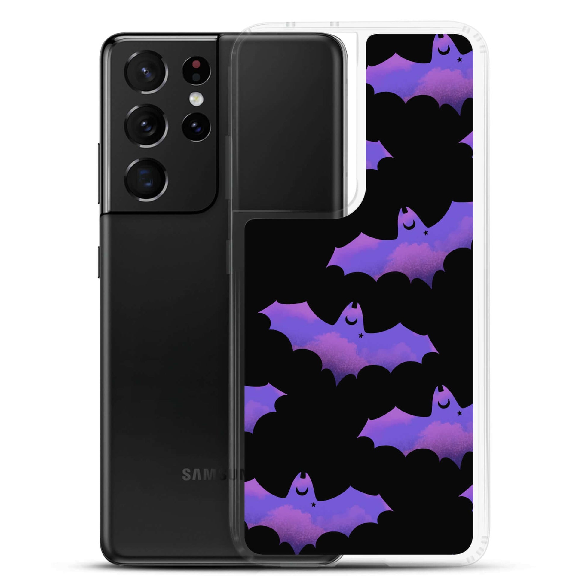 Morrigan Samsung® Clear Case featuring playful bats, offering stylish protection for your device from scratches and dirt.