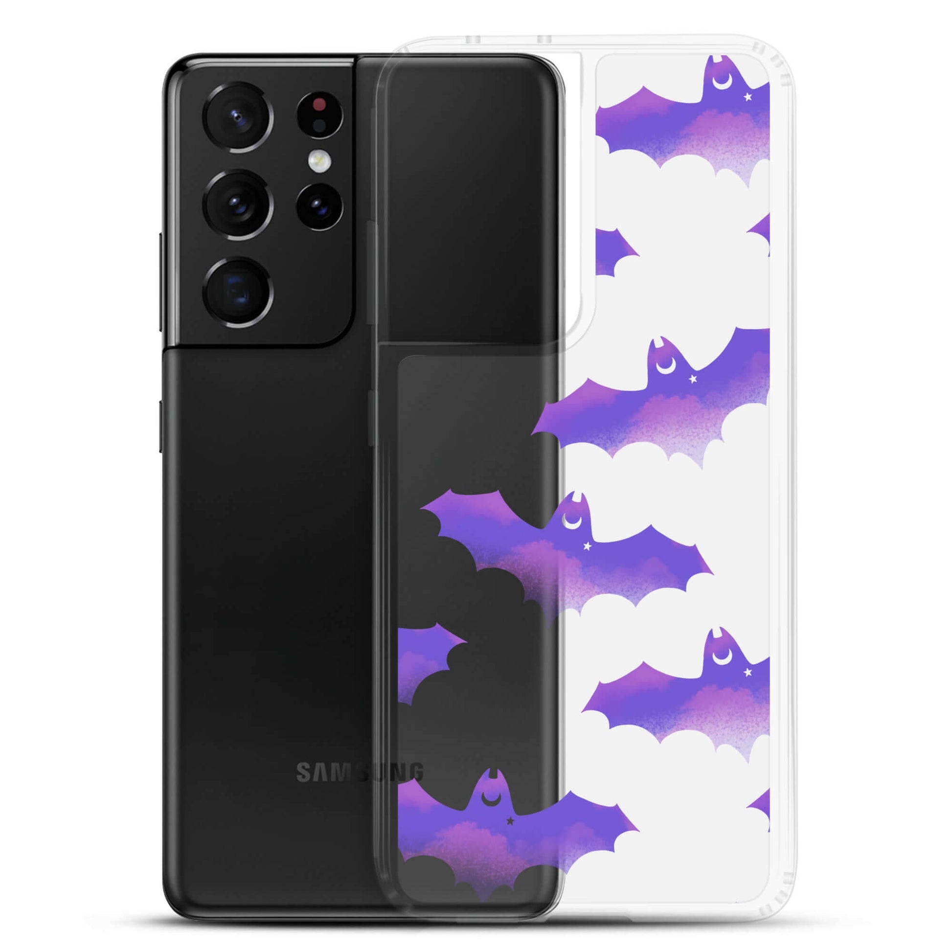 Morrigan Samsung® Clear Case showcases playful bats, offering stylish protection for your Samsung Galaxy S21 Ultra.