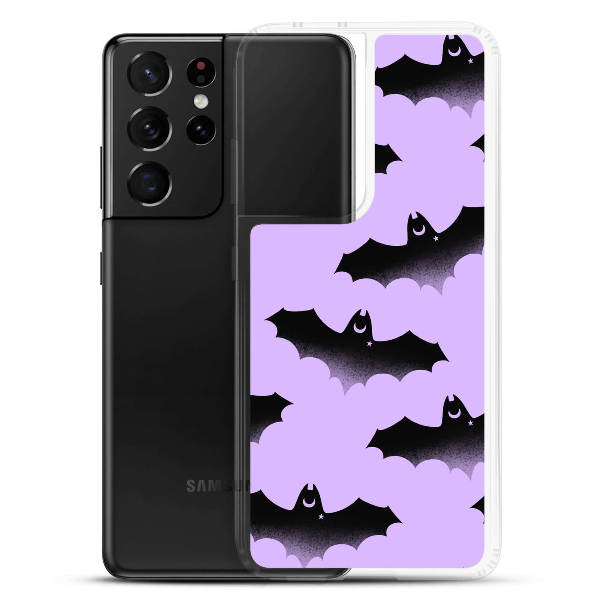 Stylish Morrigan Samsung® Clear Case featuring playful bats, perfect for protecting your phone from scratches and dirt.