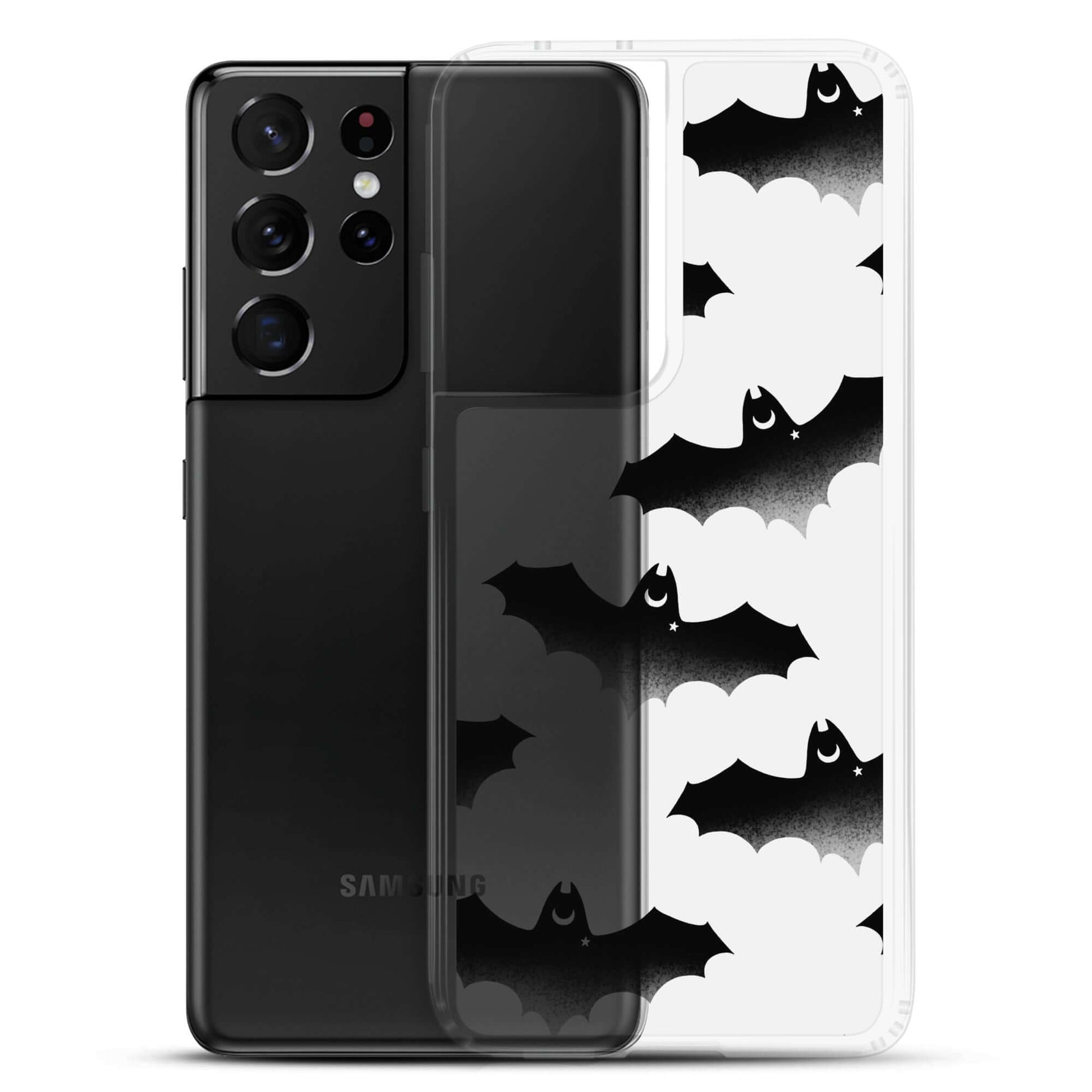 Stylish Lilith Samsung® Clear Case featuring playful bats, perfect for protecting your phone in any weather.