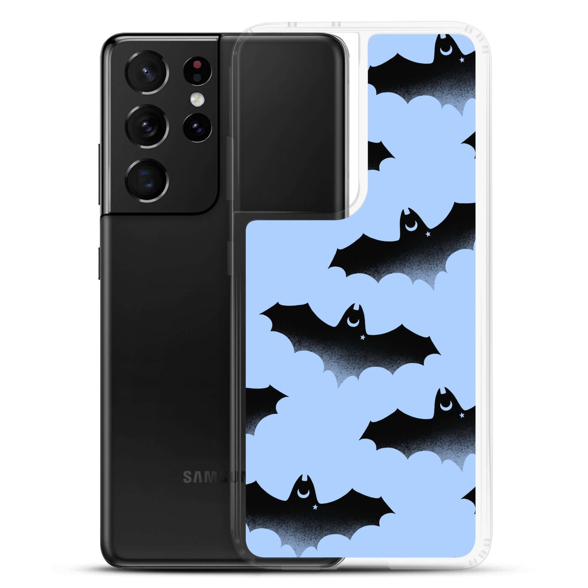 Stylish Lilith Samsung® Clear Case featuring playful bats, perfect for protecting your phone with flair.