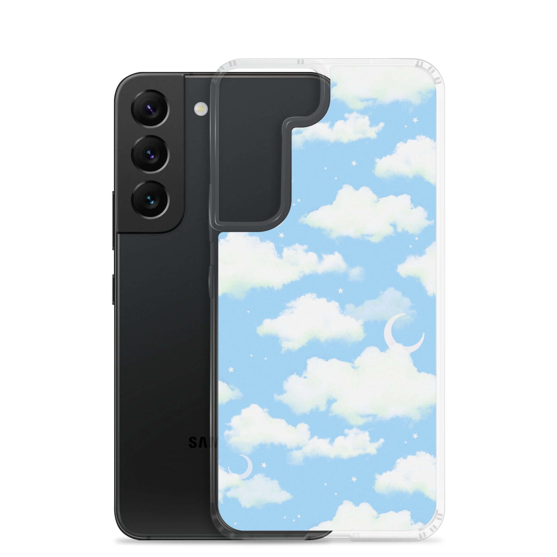 Cloudy Sky Samsung® Clear Case showcases a dreamy blue cloud design, perfect for protecting your phone stylishly.