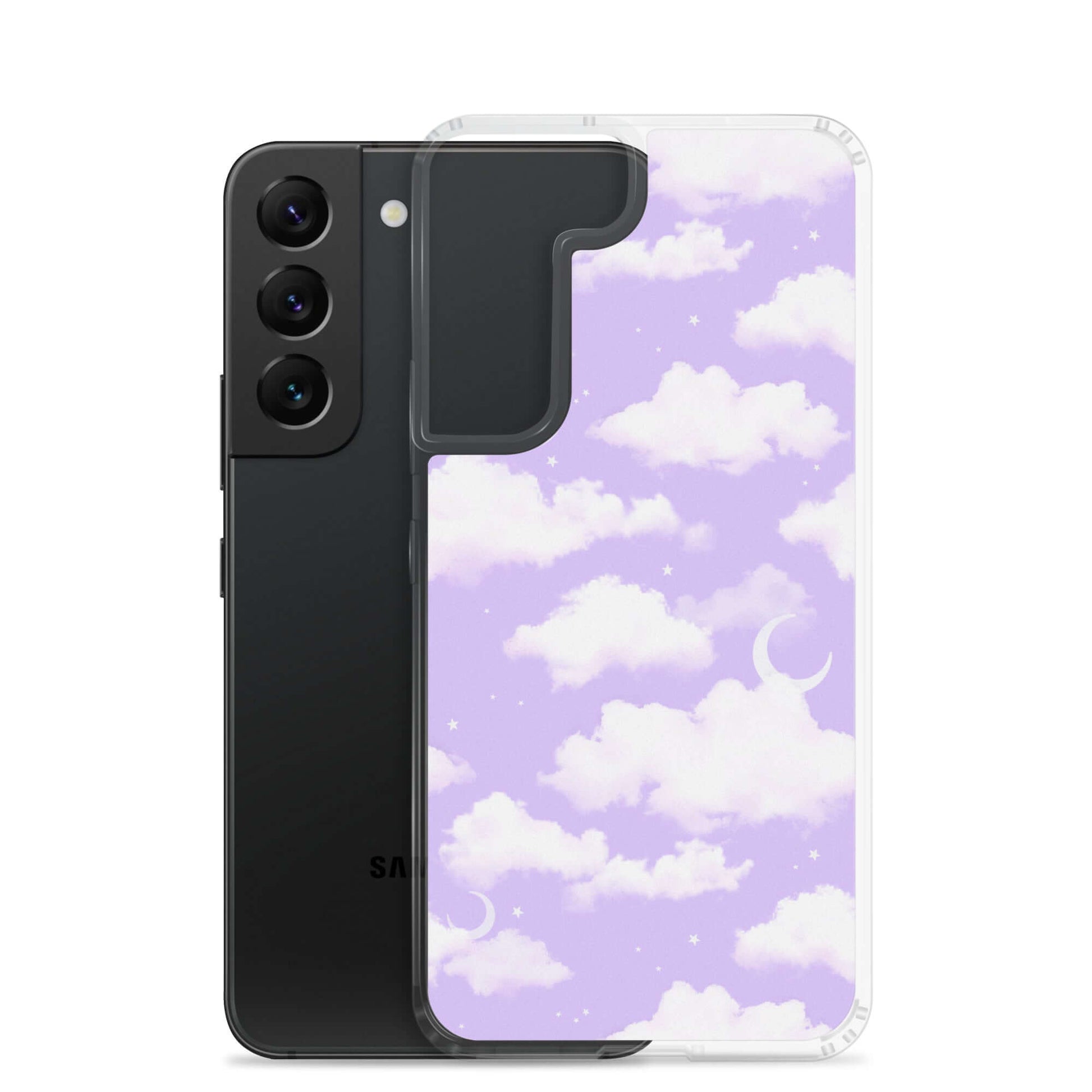 Cloudy Sky Samsung® Clear Case showcases a dreamy purple cloud design, adding style and protection to your device.