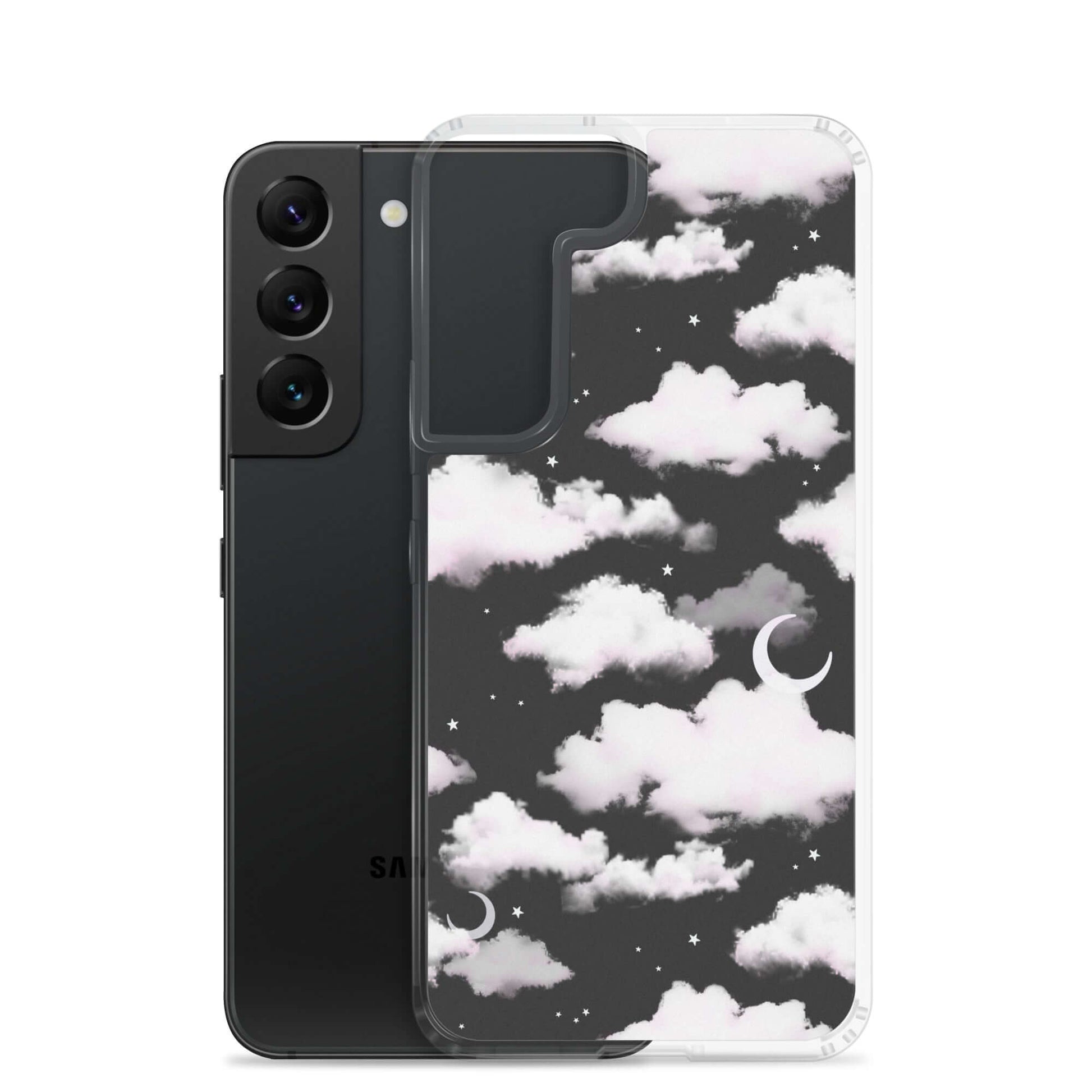 Cloudy Sky Samsung® Clear Case displayed on a Samsung Galaxy S22, showcasing a dreamy cloud design.