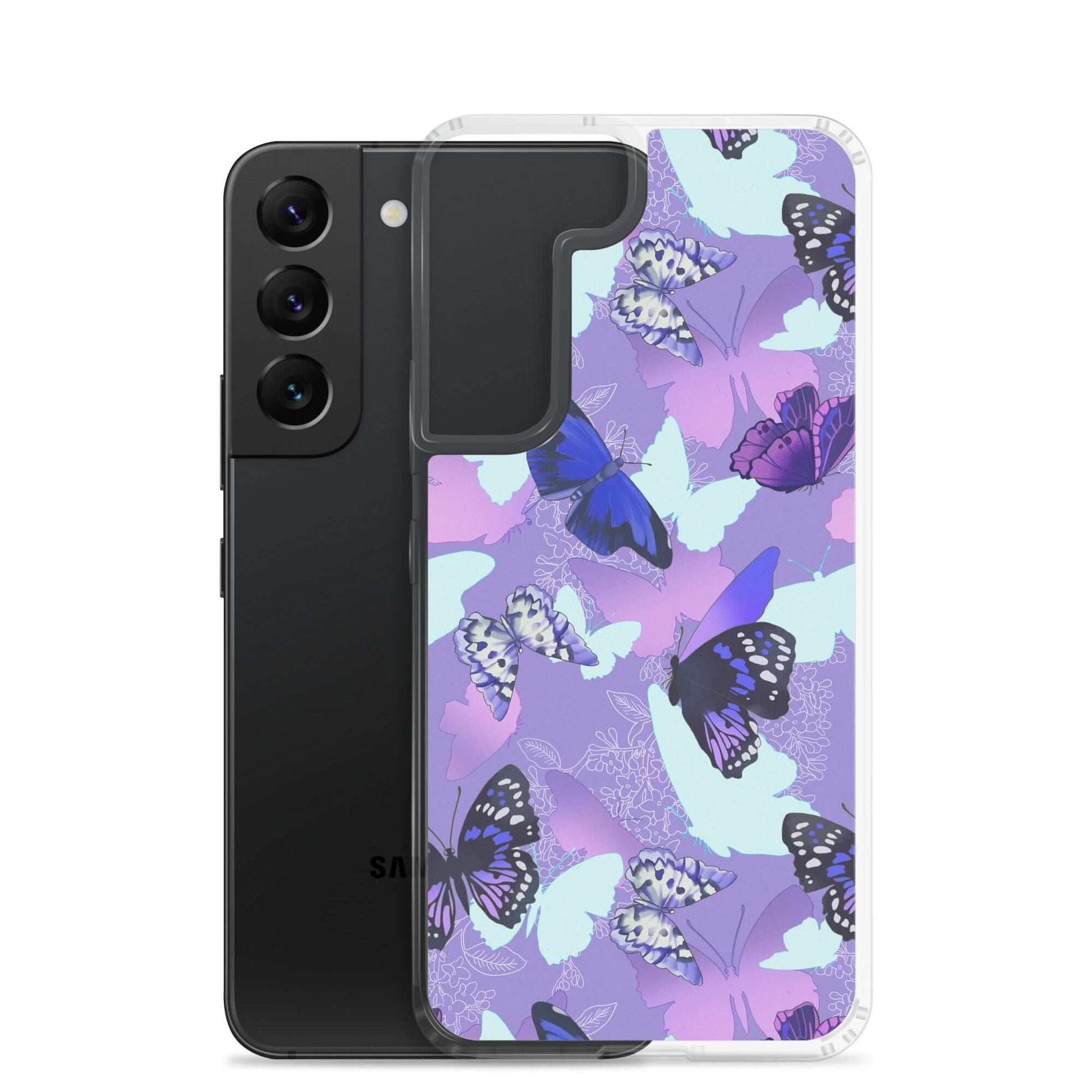Butterfly Samsung® Clear Case showcases a vibrant butterfly design, perfect for adding flair to your phone.