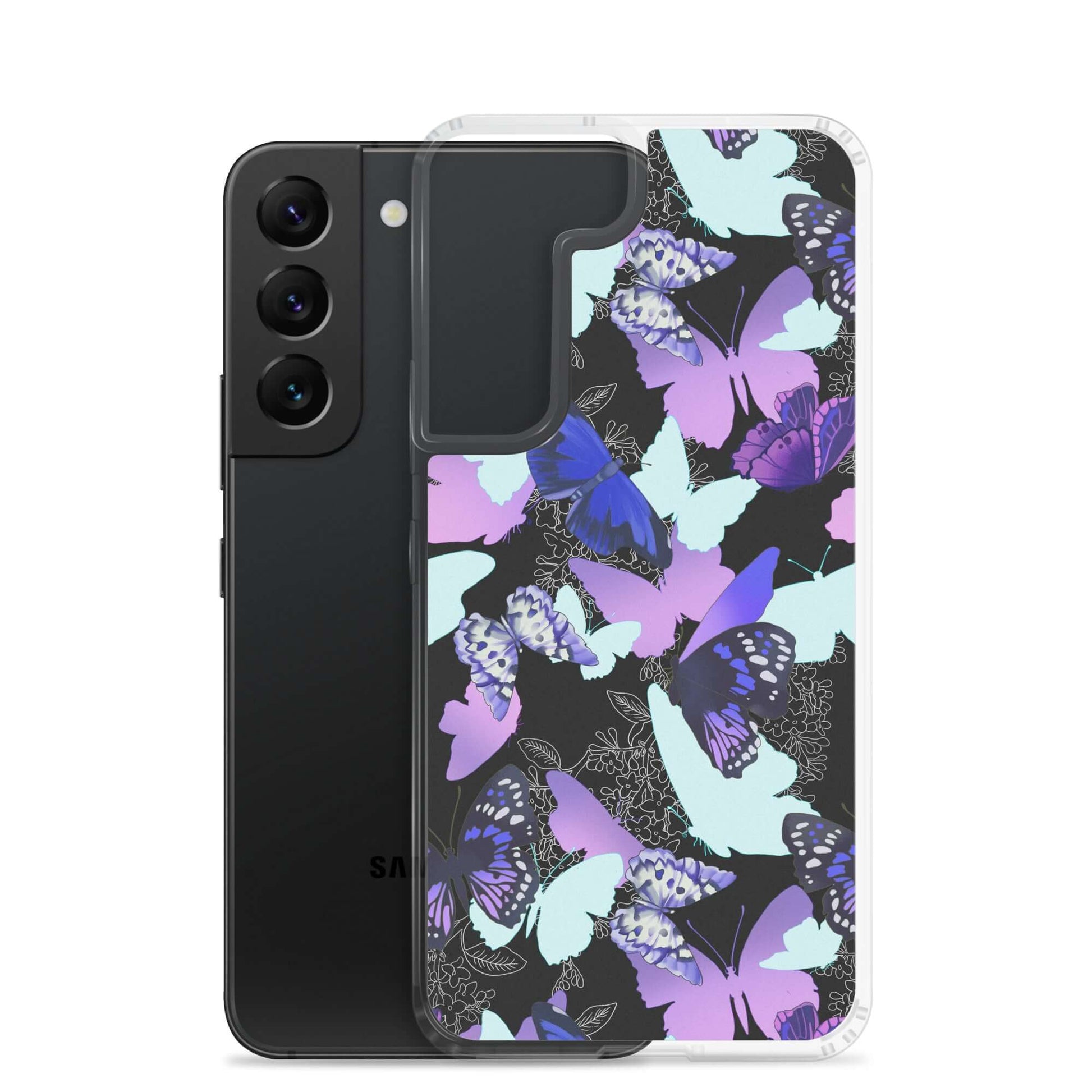 Colorful Butterfly Samsung® Clear Case showcasing vibrant butterfly prints, perfect for stylish phone protection.