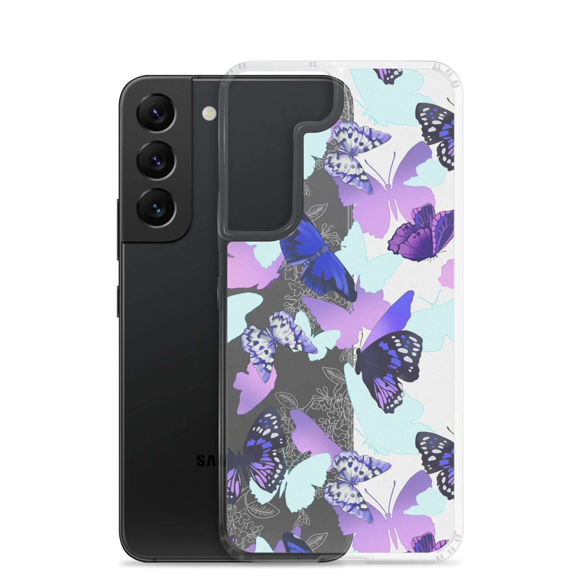Butterfly Samsung® Clear Case showcases a vibrant butterfly design, perfect for stylish phone protection.