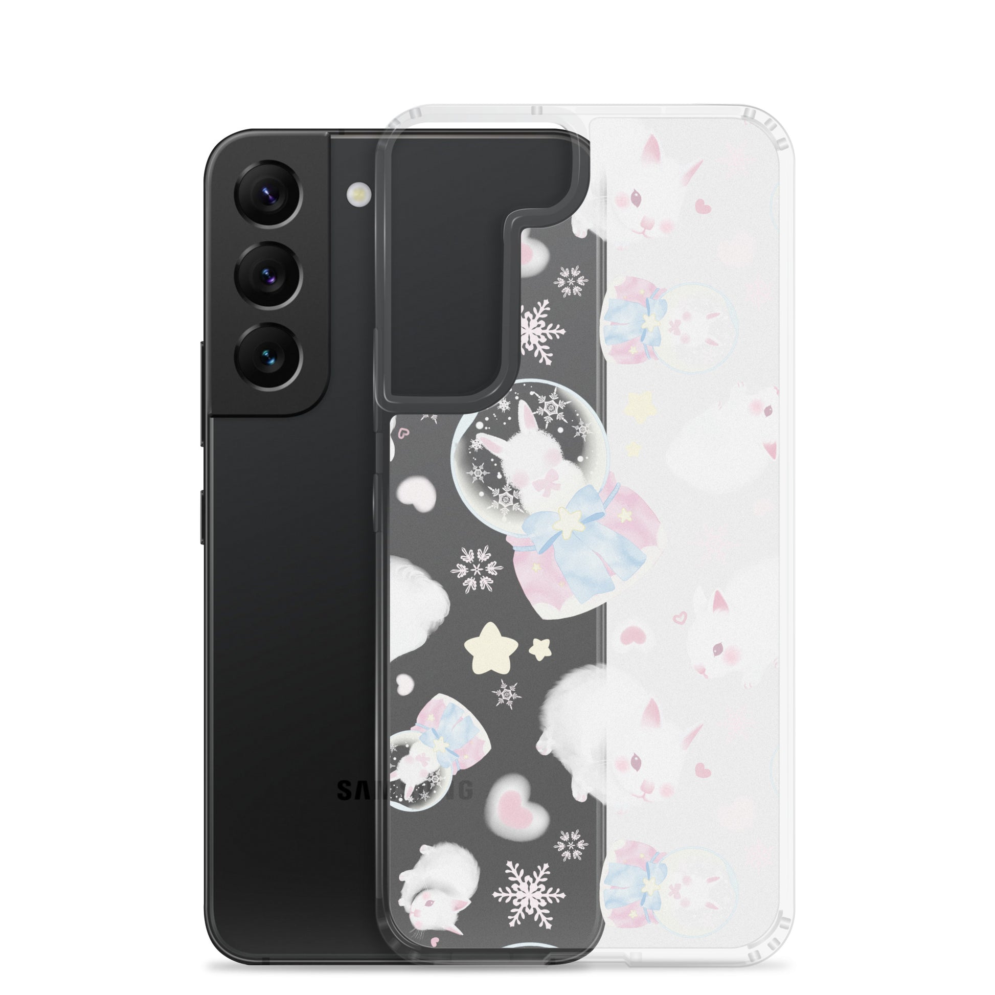 Stylish Snow Bunny Samsung® Clear Case featuring cute bunnies, perfect for feminine outfits and phone protection.
