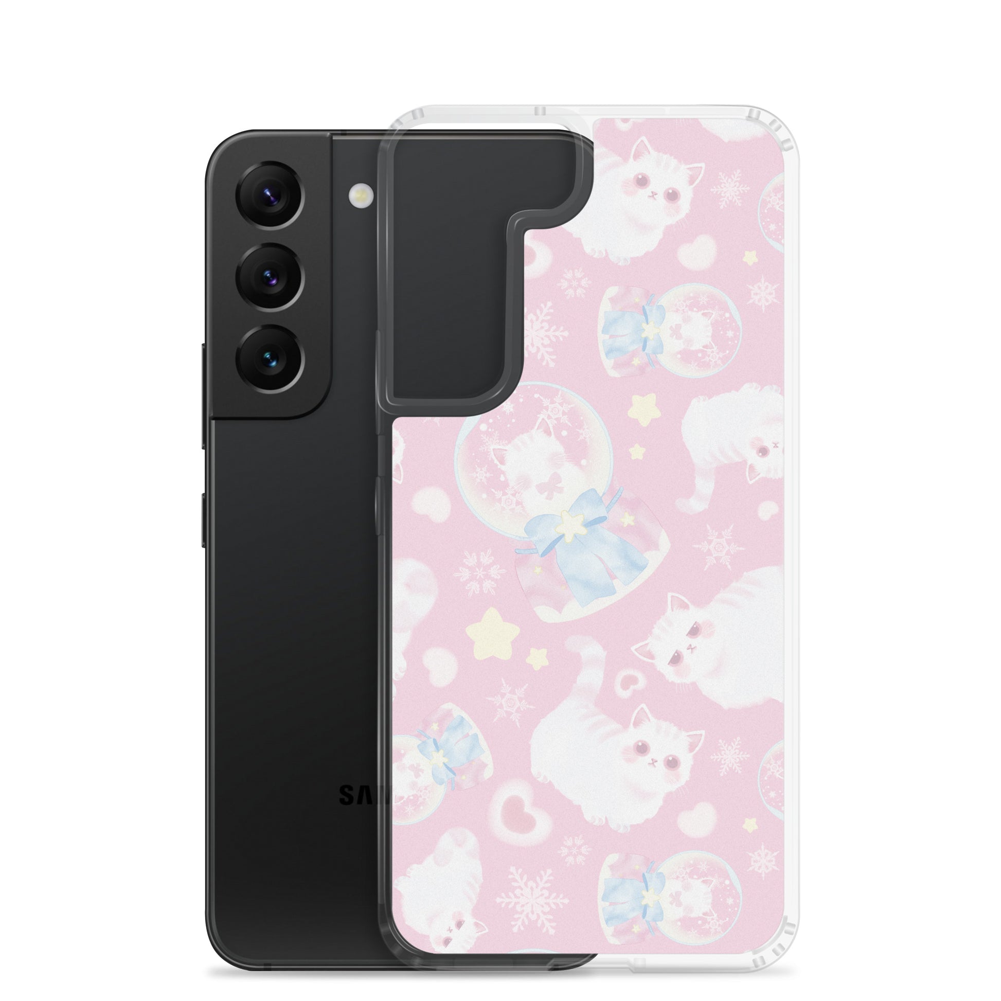 Snow Kitten Samsung® Clear Case featuring cute kittens on a pastel background, perfect for stylish protection.