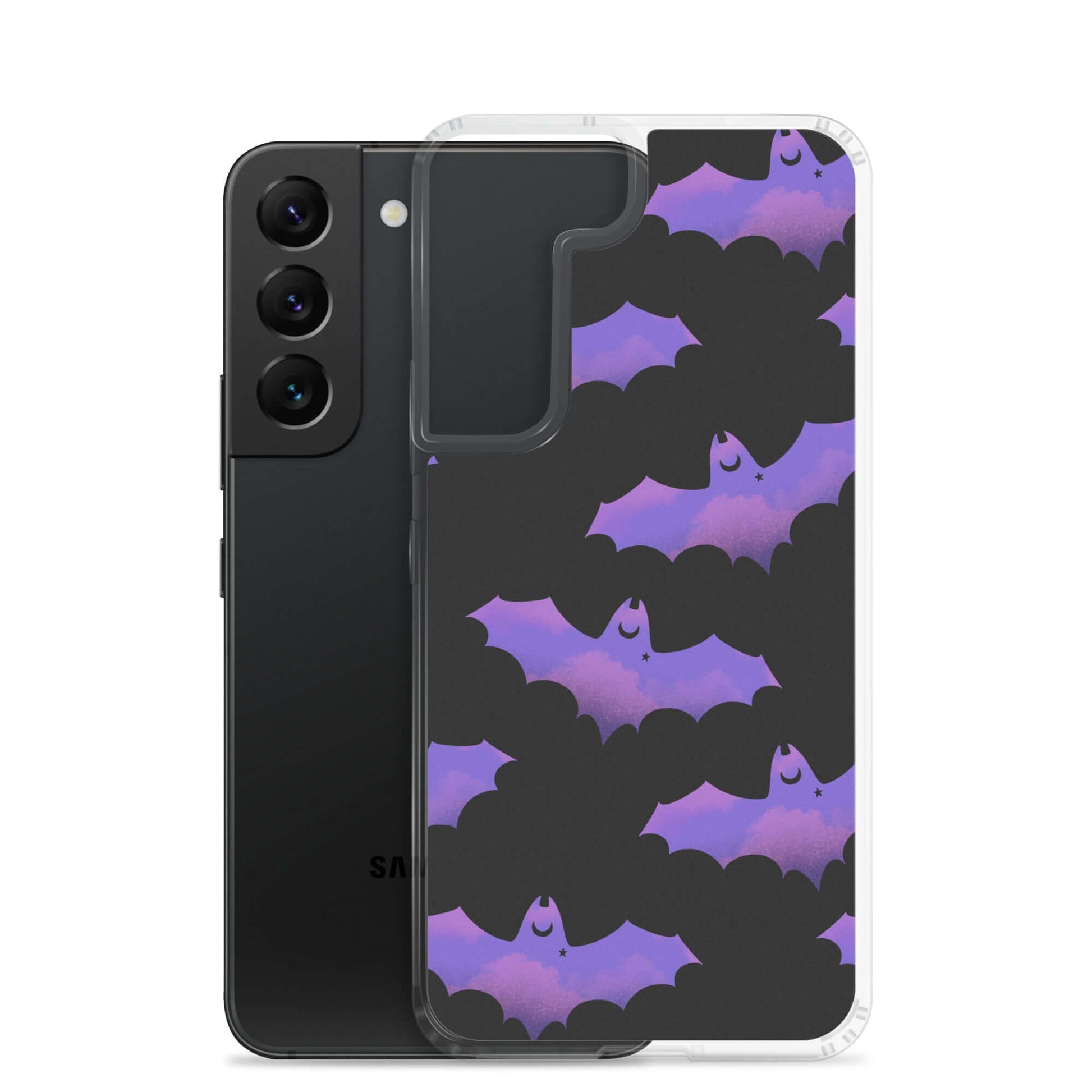 Morrigan Samsung® Clear Case featuring playful bats design, perfect for sunny days while protecting your device.