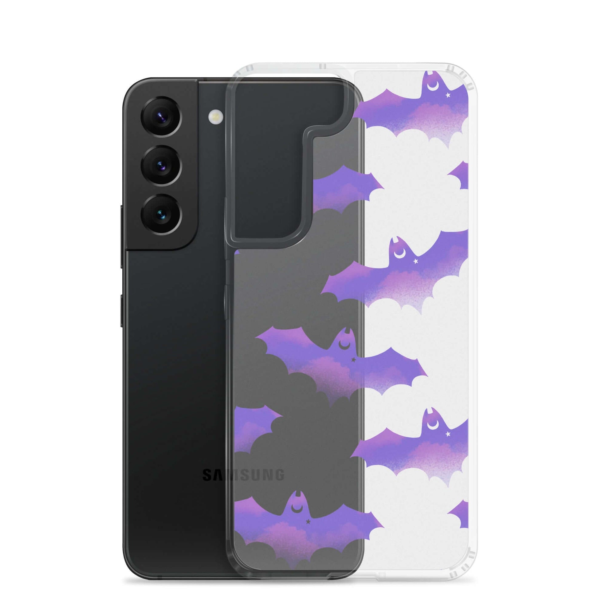 Morrigan Samsung® Clear Case featuring playful bats, providing stylish protection for your phone against scratches and dirt.