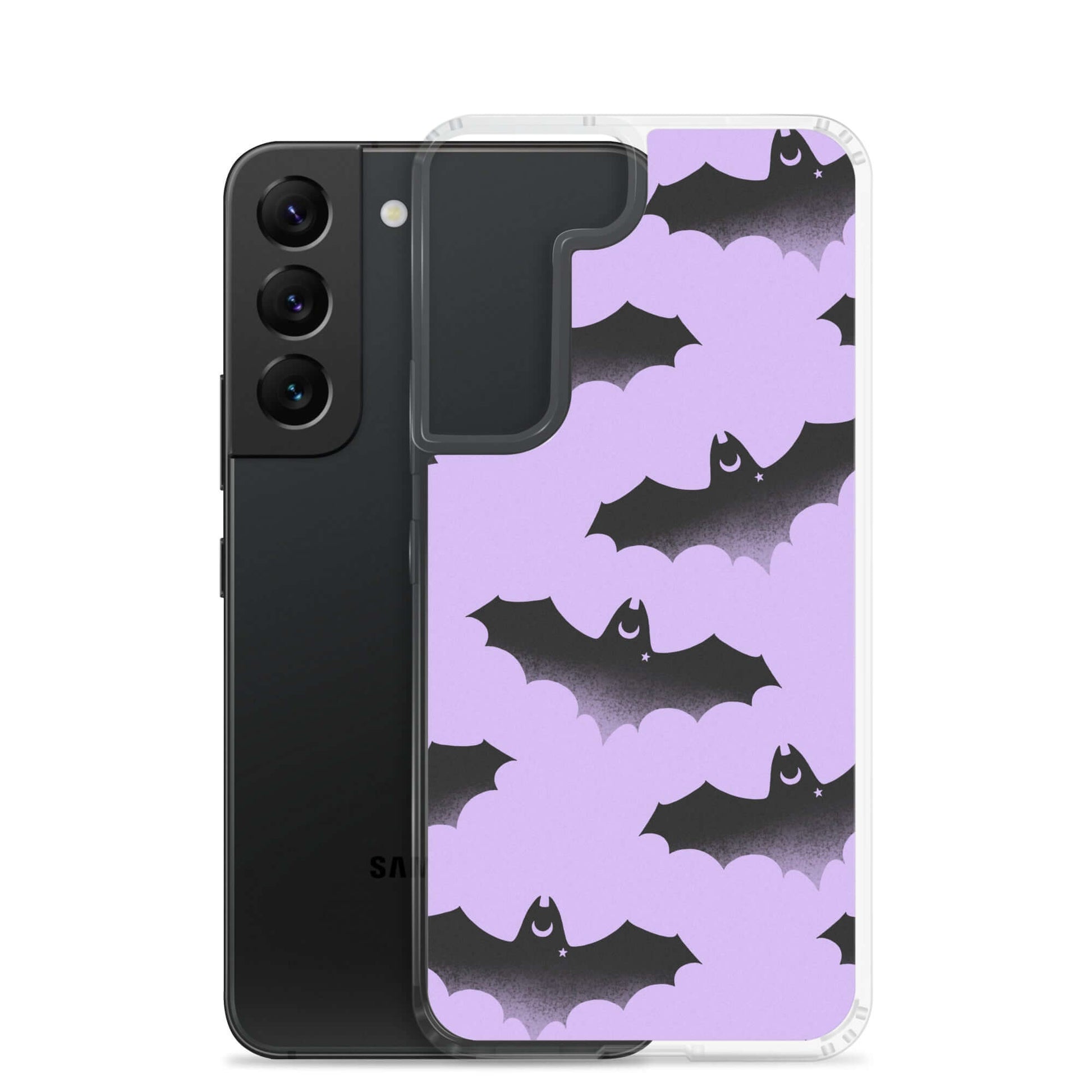 Sleek Morrigan Samsung® Clear Case featuring cute bats on a purple background, perfect for stylish phone protection.